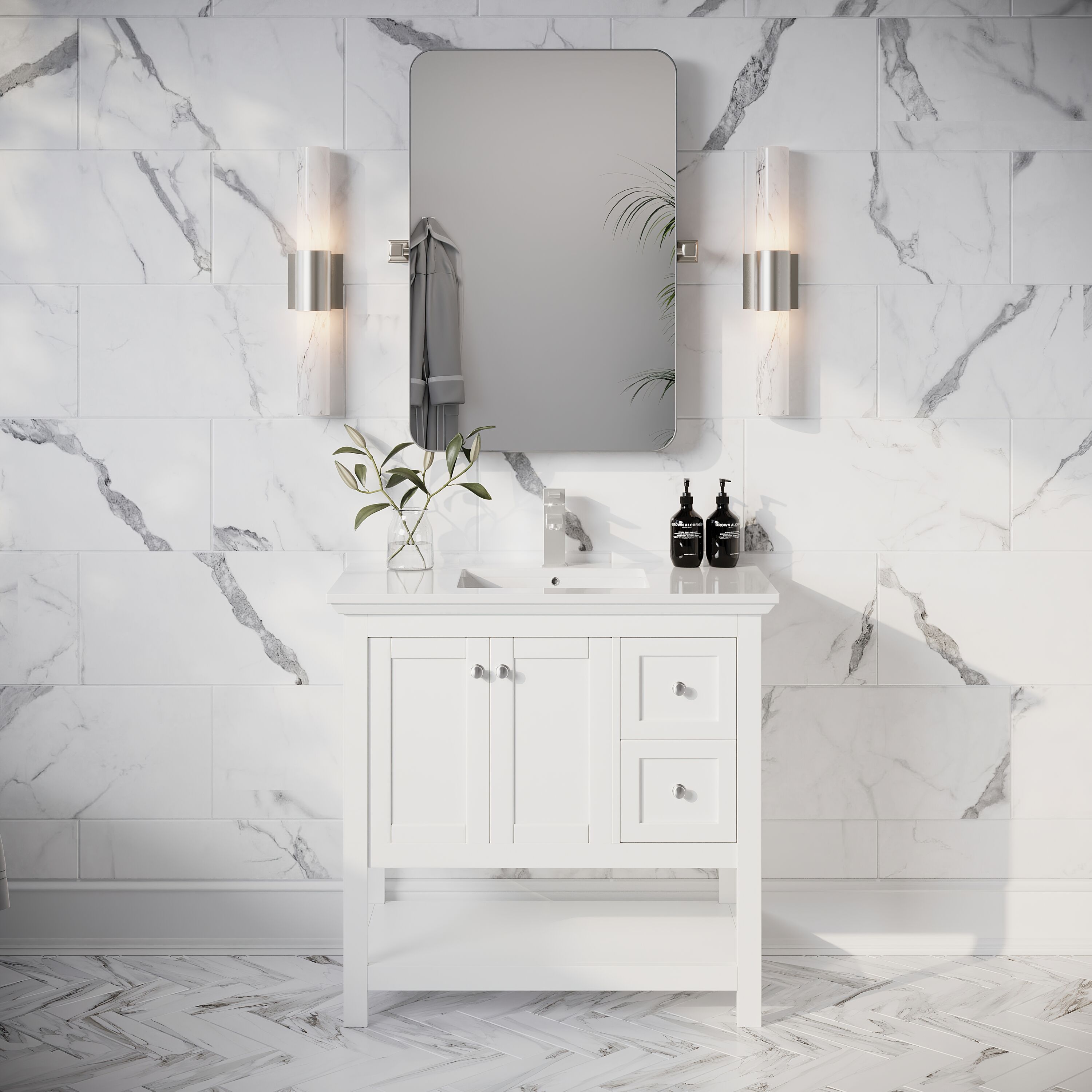 Fresca FCB2336WH-CWH-U Manchester 36-in White Undermount Single sink Bathroom Vanity with White Quartz Top