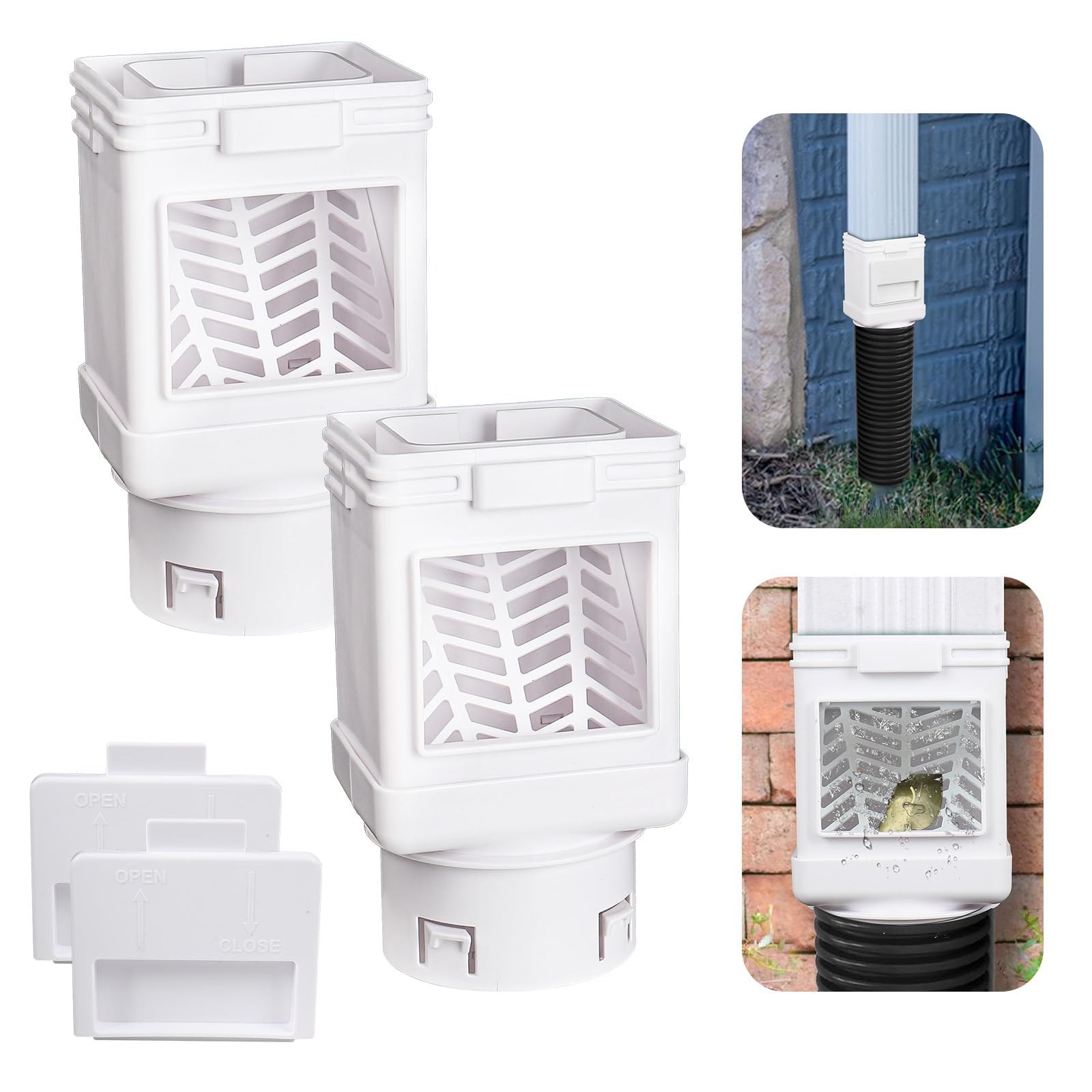 Vrbgify  2 Pack White Multi Purpose Downspout Filter Screen Fits 2x3 and 3x4 Gutter Downspouts Detachable Cleaning Port Easy Install for Home Drainage