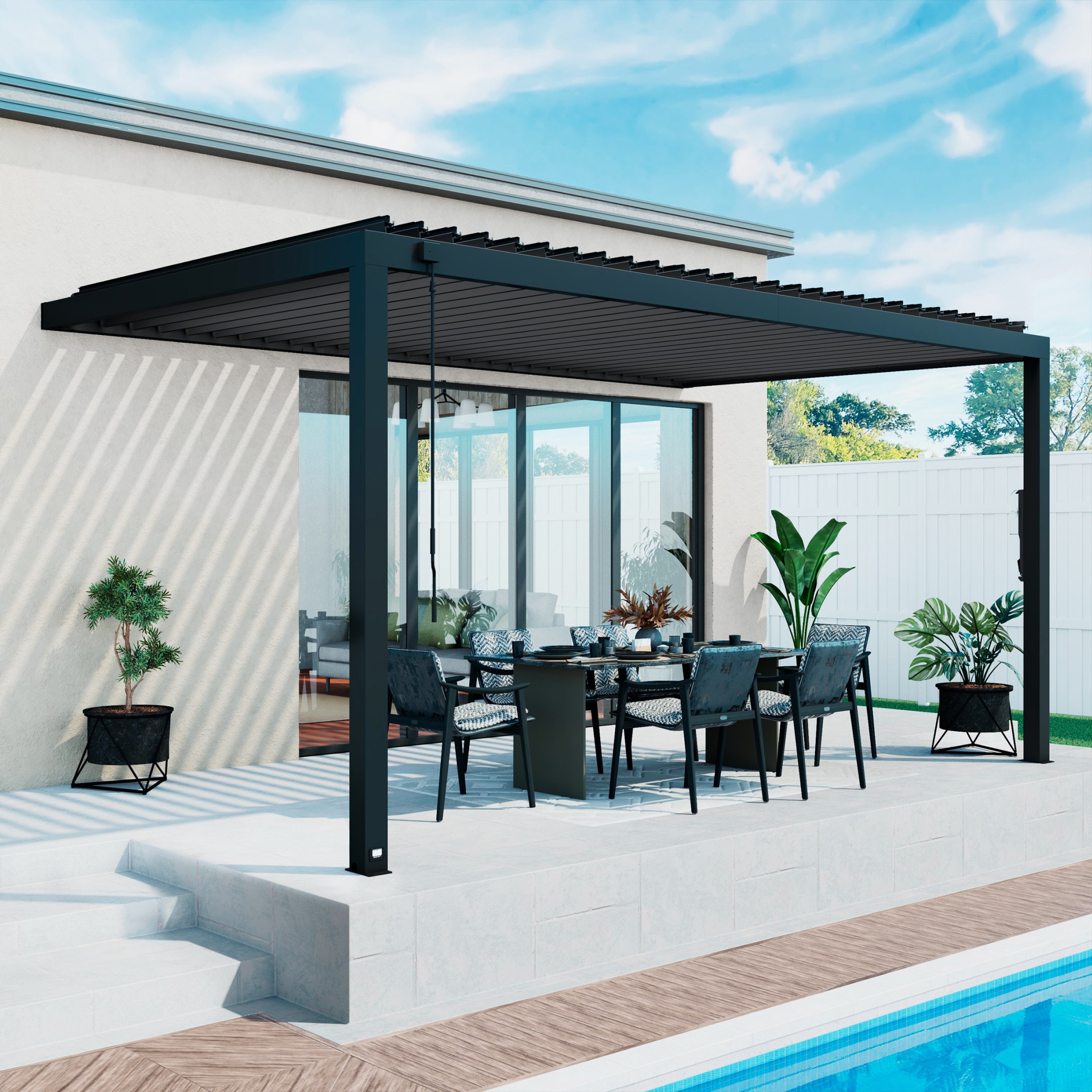 Backyard Discovery 2407107COM Evanston 10-ft W x 16-ft L x 8-ft 2-in H Black Metal Attached Pergola with Canopy