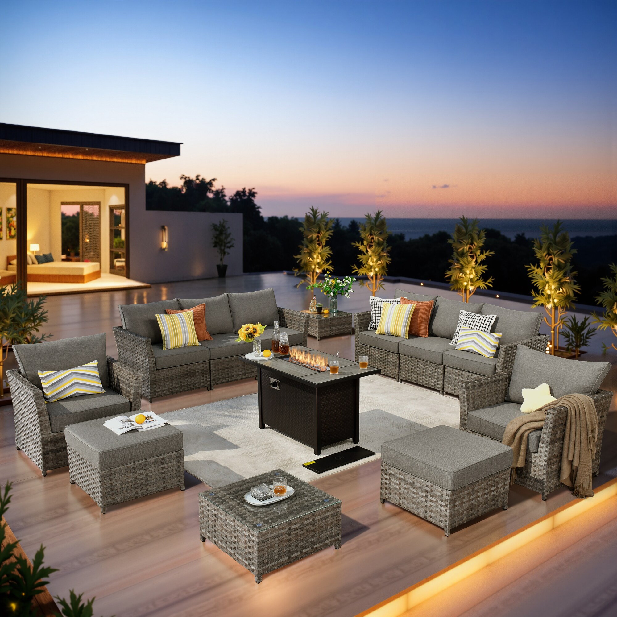 Ovios RFP03BS204 13 -Piece Wicker 2 Patio Sofa Conversation Set with Dark Gray Cushions
