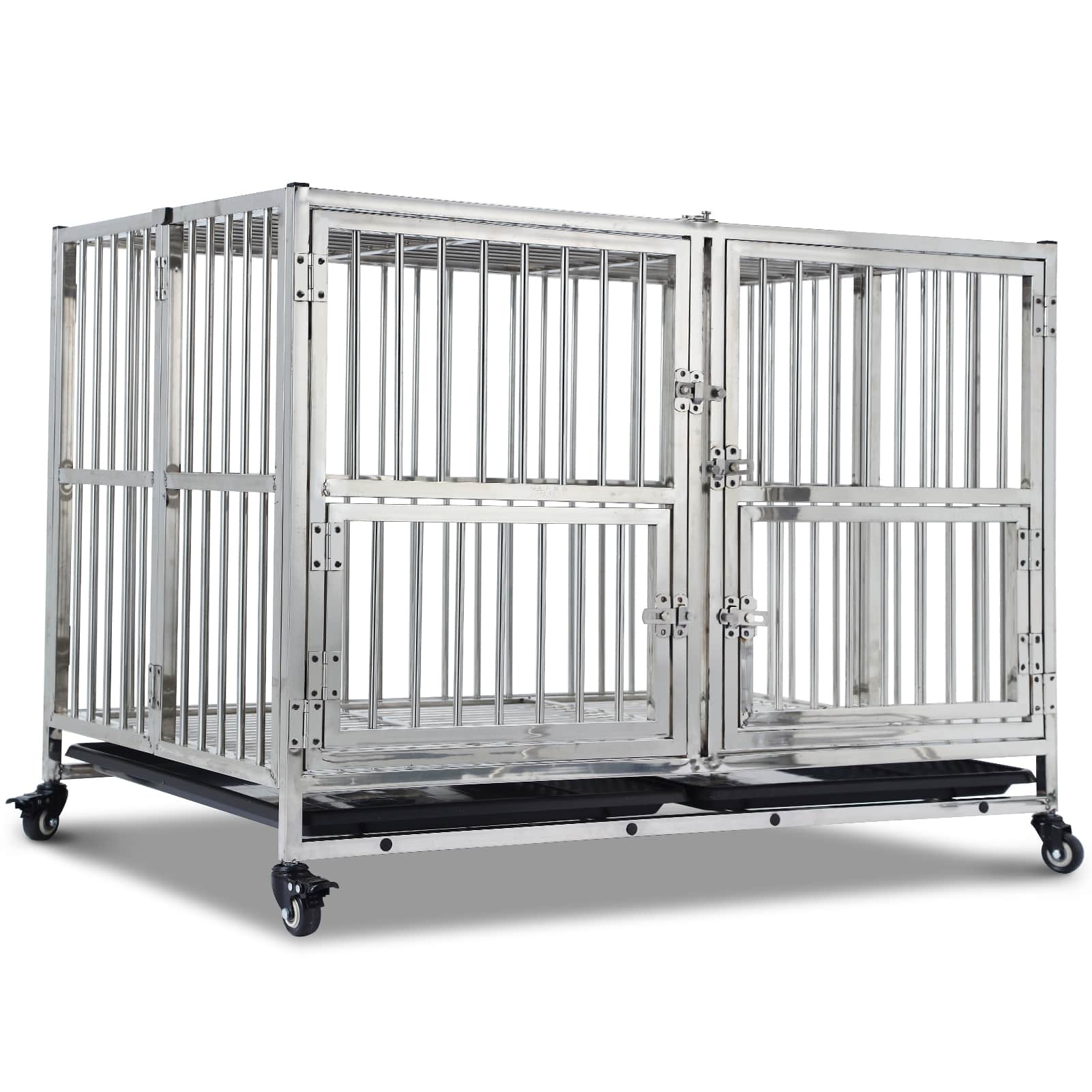 Qeetex CJ-PHO-0ZMJOQPU 48-Inch Upgraded Heavy Duty Dog Crate for Large Dogs with Reinforced Base Plate On Wheels Dog Crate for Highly Anxious Dogs Double Door Design with Removable Tray Silver