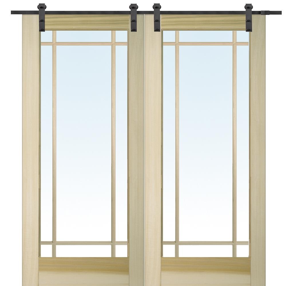 MMI DOOR ZL09646 60-in x 80-in Unfinished Poplar Clear Glass Solid Core Unfinished Poplar Veneer Double Barn Door (Hardware Included)