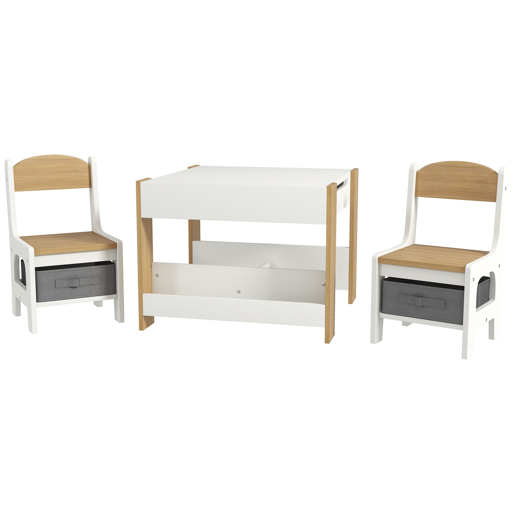 REIBII Kids Wood Table and 2 Chairs Set Children Activity Table Toddler Furniture Set with Reversible Blackboard Storage and Bookshelves Brown