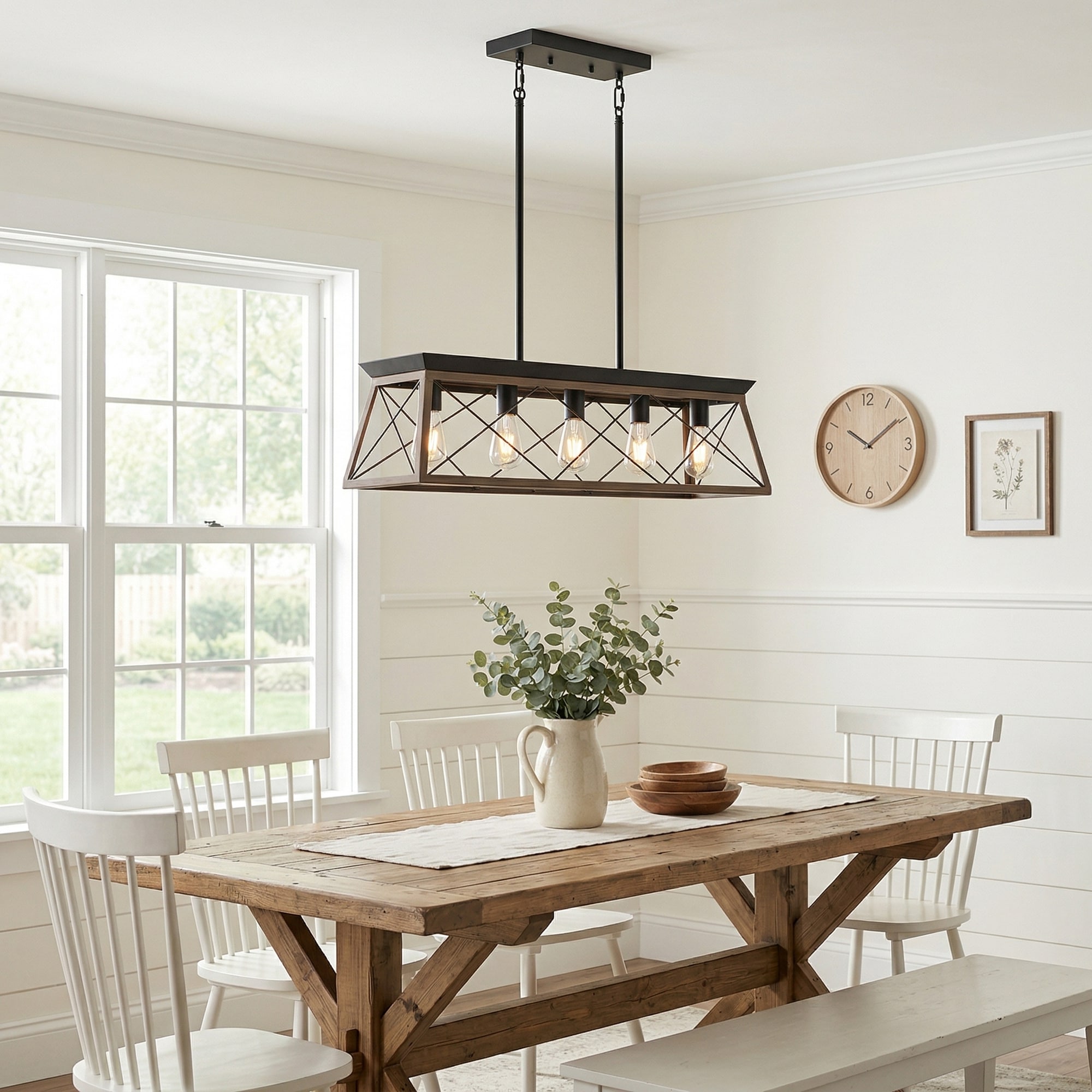 RCCFBHM 32-in Industrial Black And Walnut Chandelier 5 Light Modern Metal Mesh Pendant Lamp For Dining Room Kitchen Island