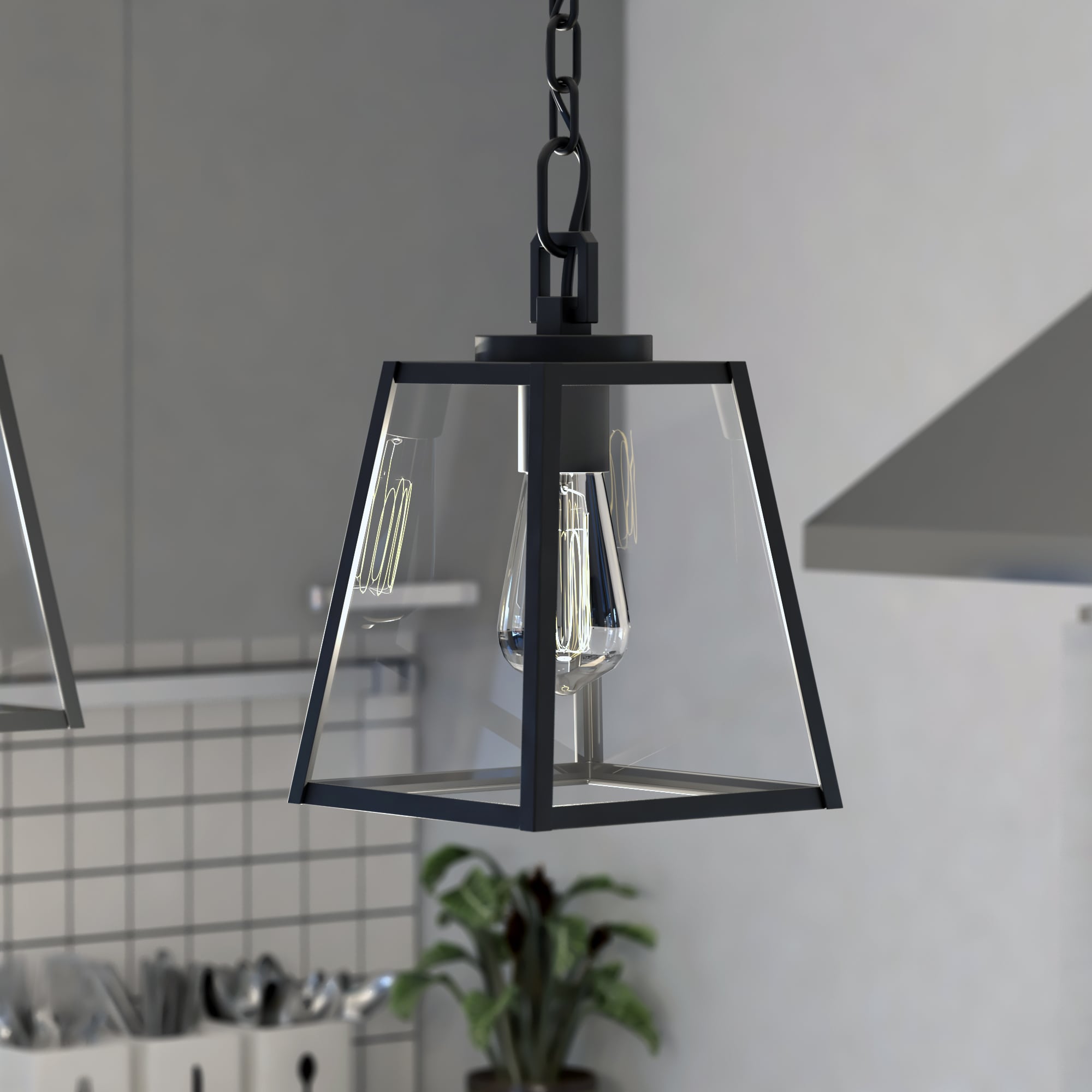 Cascadia P0346 Grant 1 -Light Black Farmhouse Clear glass Lantern Mini Hanging Pendant light