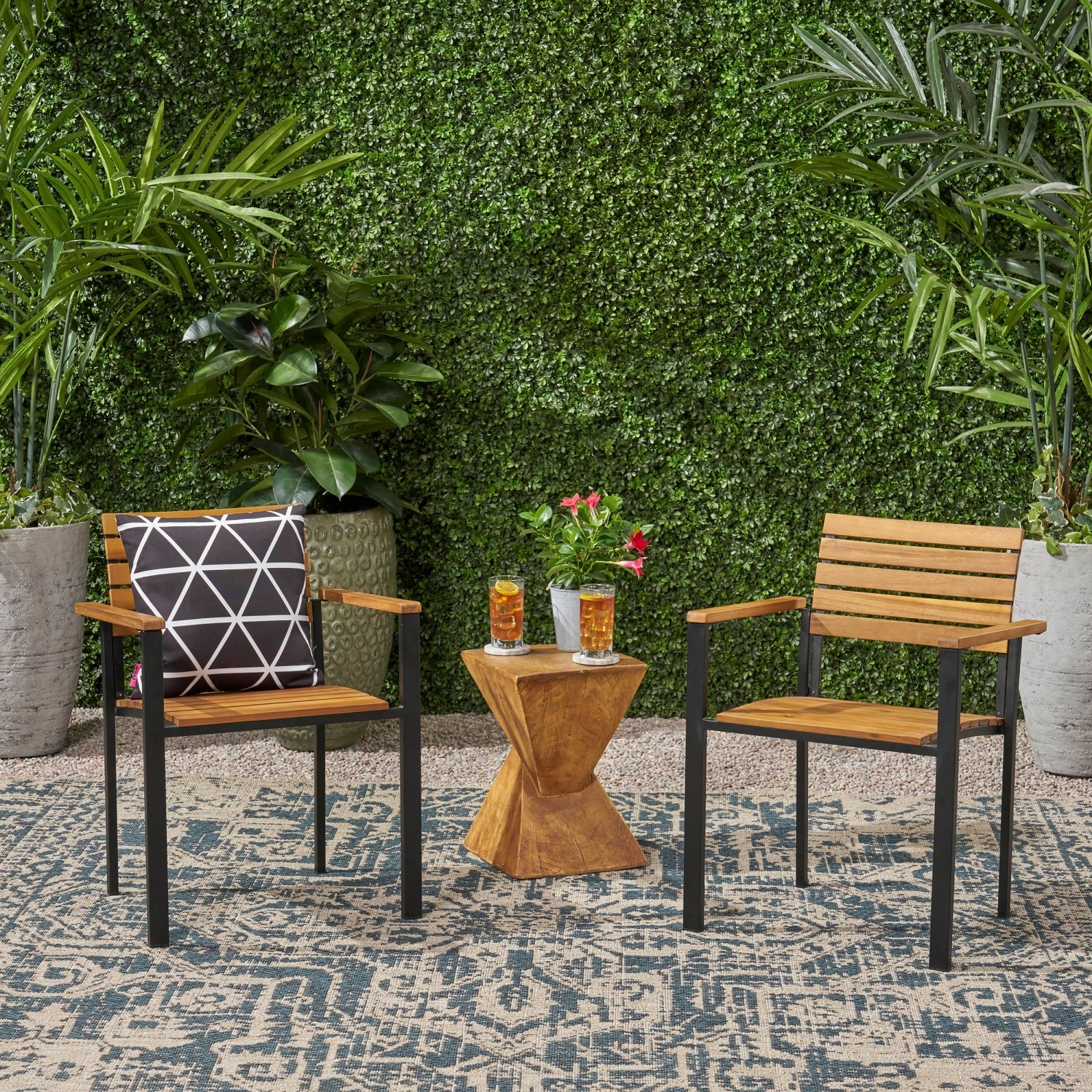 AAZJ JPN-66383 Patio Chairs Set of 2 Teak and Black Metal Frame Stationary Conversation Chair with Slat Seat