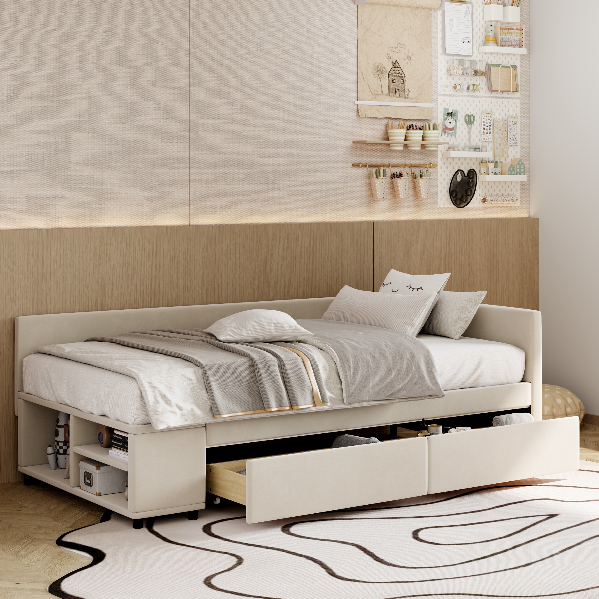 ModernLuxe L3P-SF000182AAA Twin size LShaped Upholstered Platform Bed with Storage and Drawers Beige