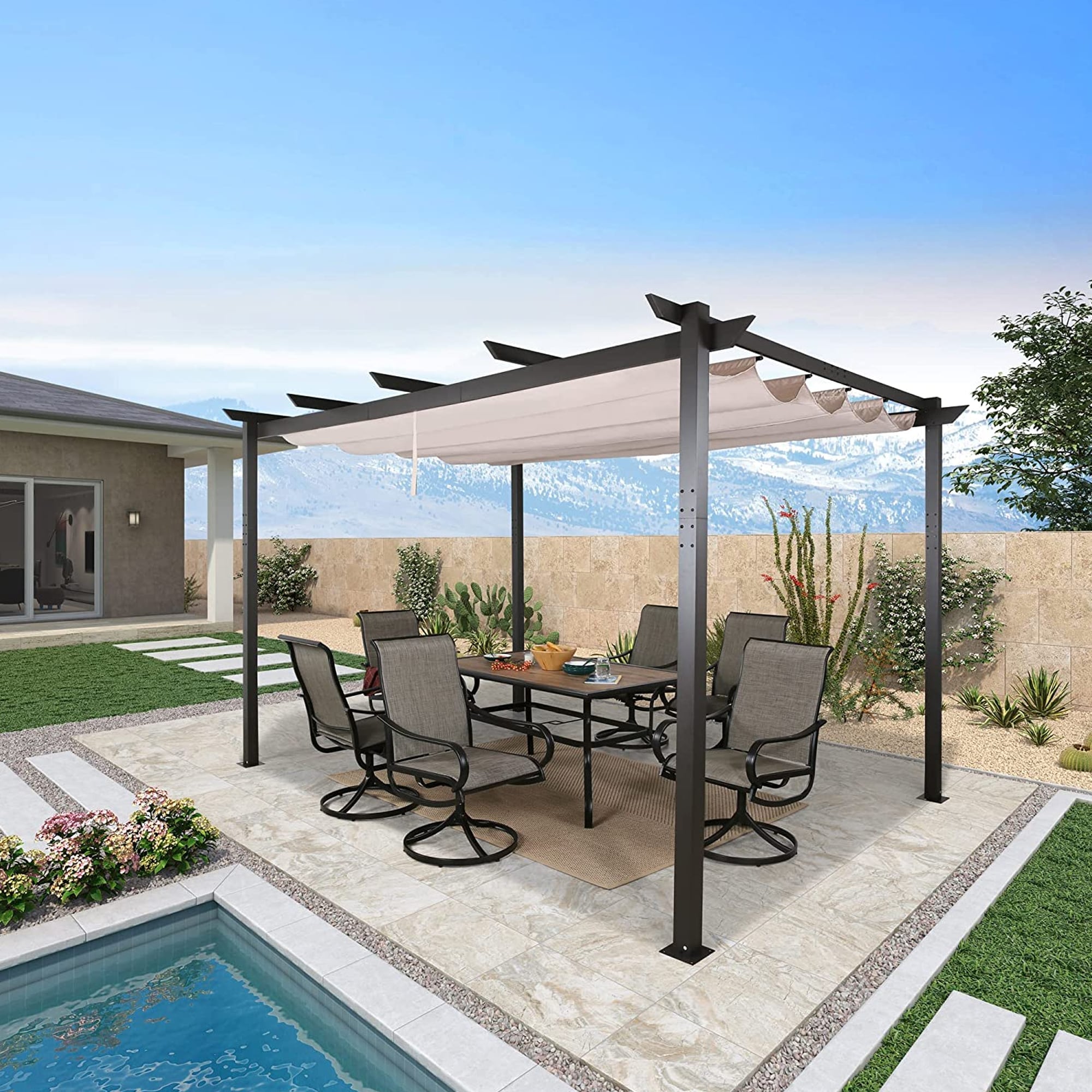 Peak Home Furnishings Pergola 10-Ft W X 13-Ft L X 7-Ft 10-3/4-In H Beige  Metal Attached Pergola With Canopy In The Pergolas Department At Lowes.Com