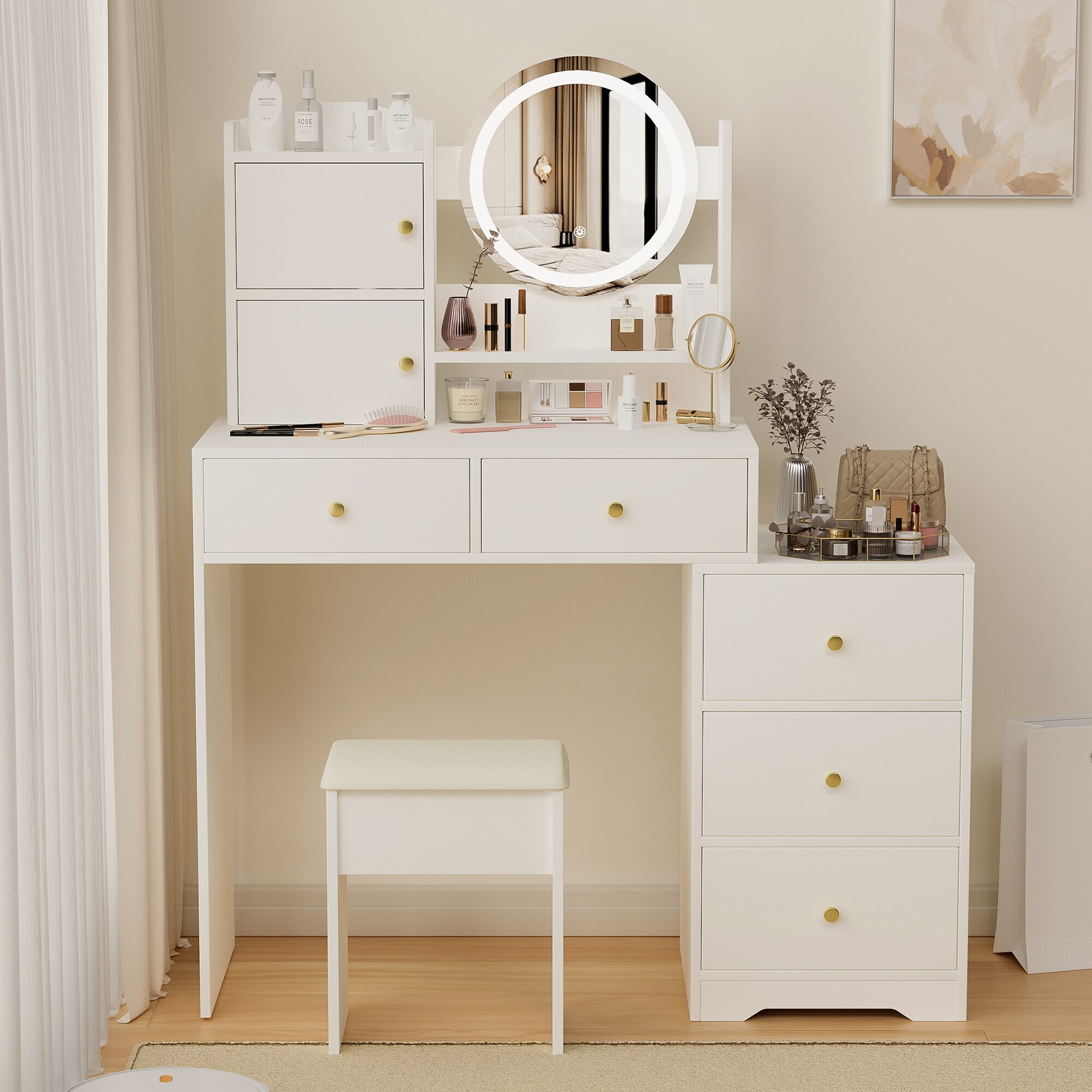 Tatayosi - XJ White Vanity Desk Set with Adjustable LED Mirror and Storage Makeup Table with Cush...