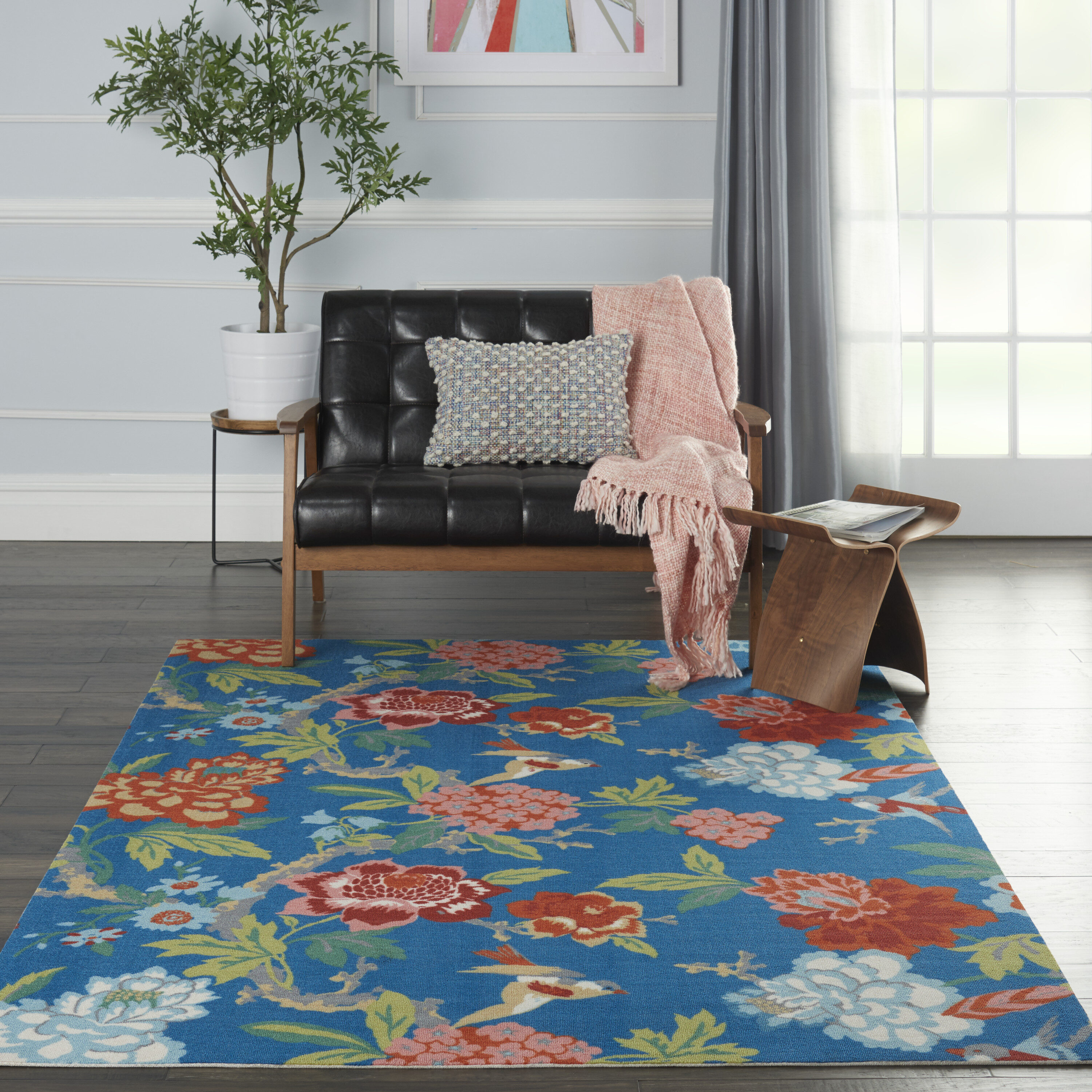 Blue Multicolor Floral Synthetic 4' x 6' Reversible Area Rug