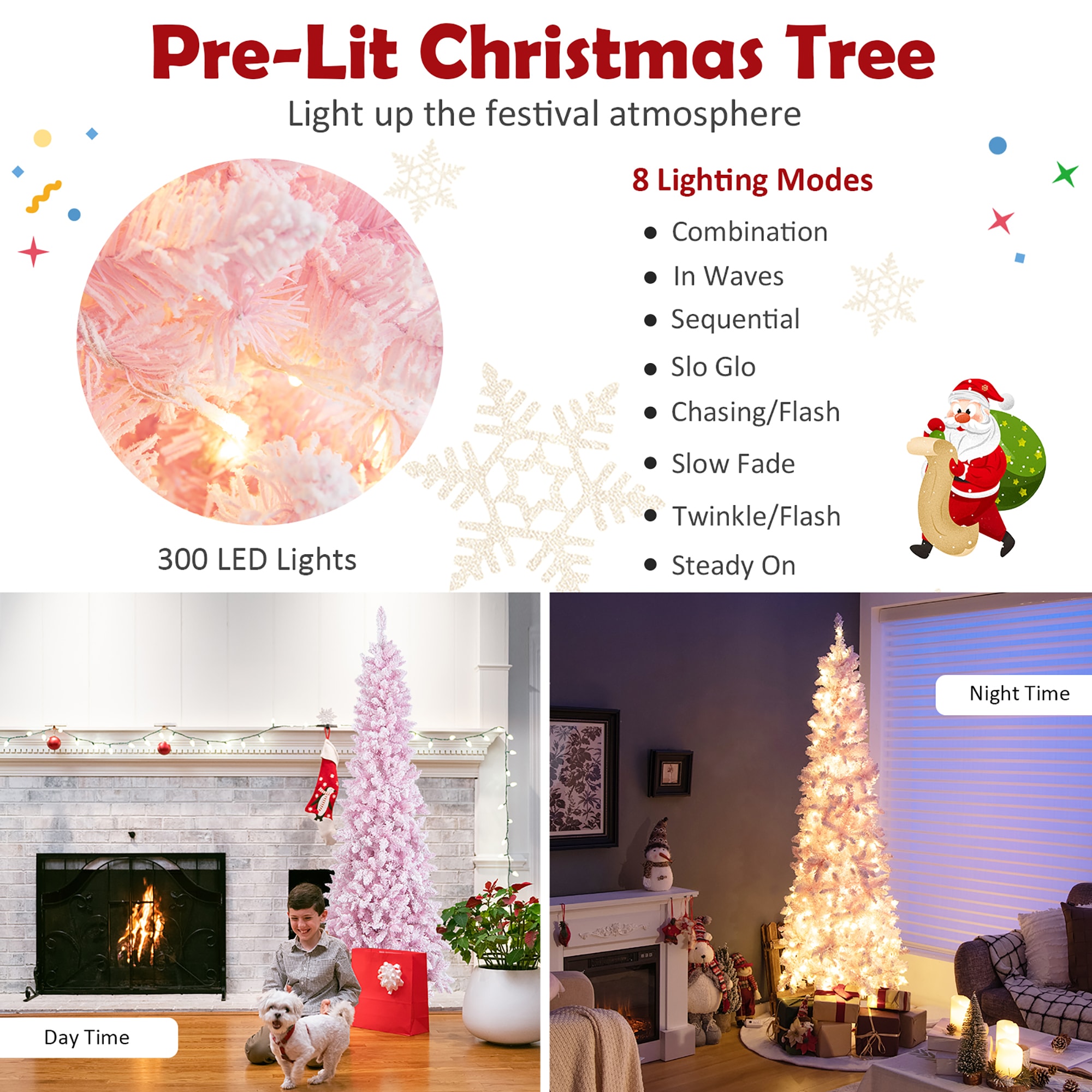 Goplus 7-ft Pre-lit Pencil Flocked Pink Artificial Christmas Tree with ...