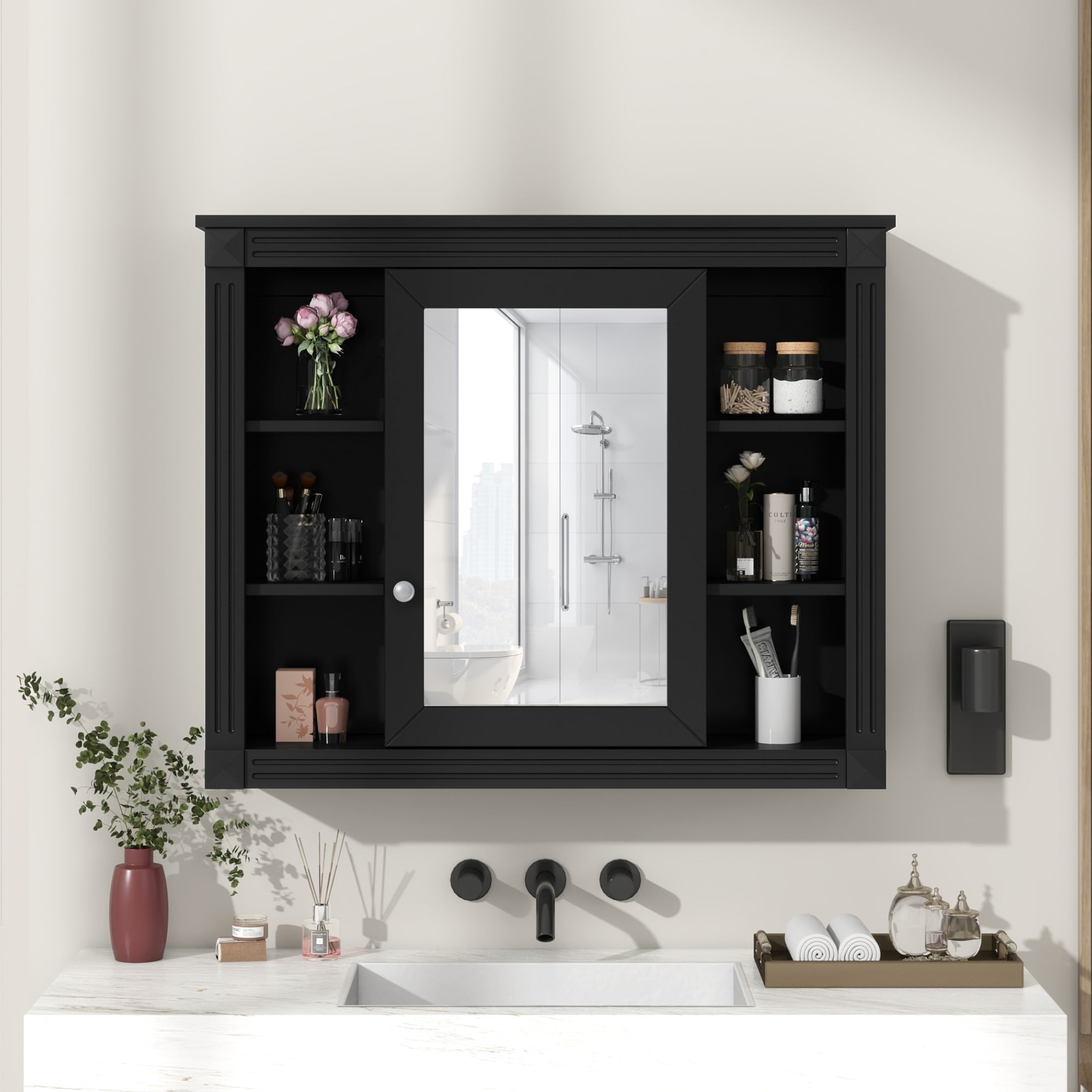 Ayelon 35-in x 28.7-in Surface Mount Black Mirrored Rectangle Medicine Cabinet #AY197128B