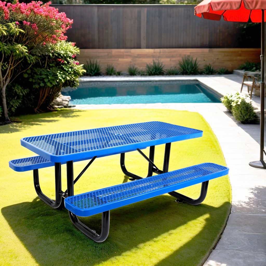 Aoibox HDMX716BLUE 6 ft Rectangular Outdoor Steel Picnic Table with Umbrella Pole Weather Resistant Dining Table for Patio Backyard Garden Blue