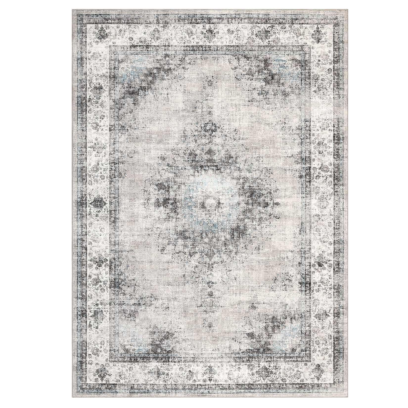 Qeetex SUNNY-PHO-33BFBQMF 5 x 7 ft Polyester Light Taupe Rectangular Living Room Bedroom Dining Room Floral Medallion Vintage Machine Washable Area Rug