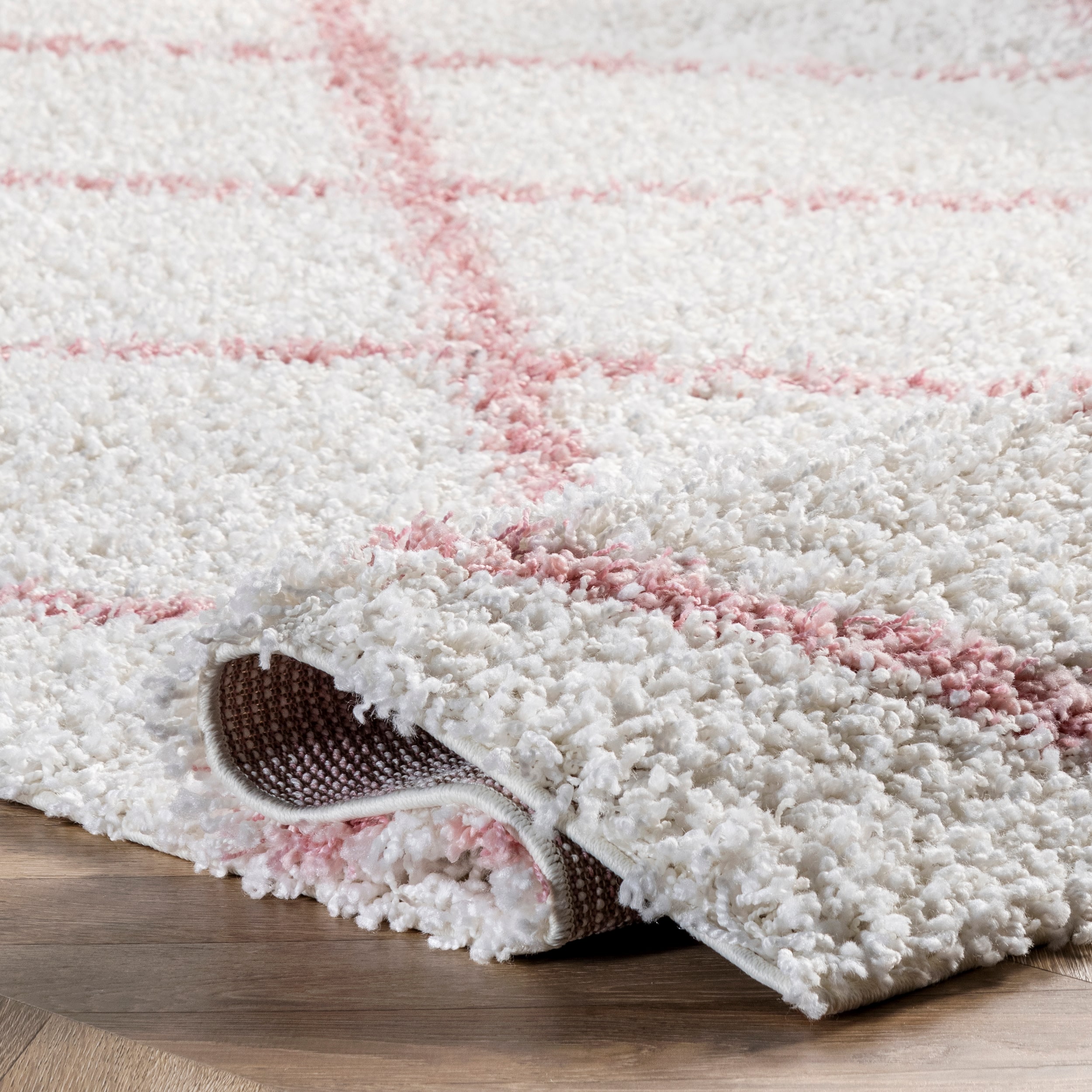 Pink and Ivory Geometric Shag Runner Rug, 2' 8" x 8'