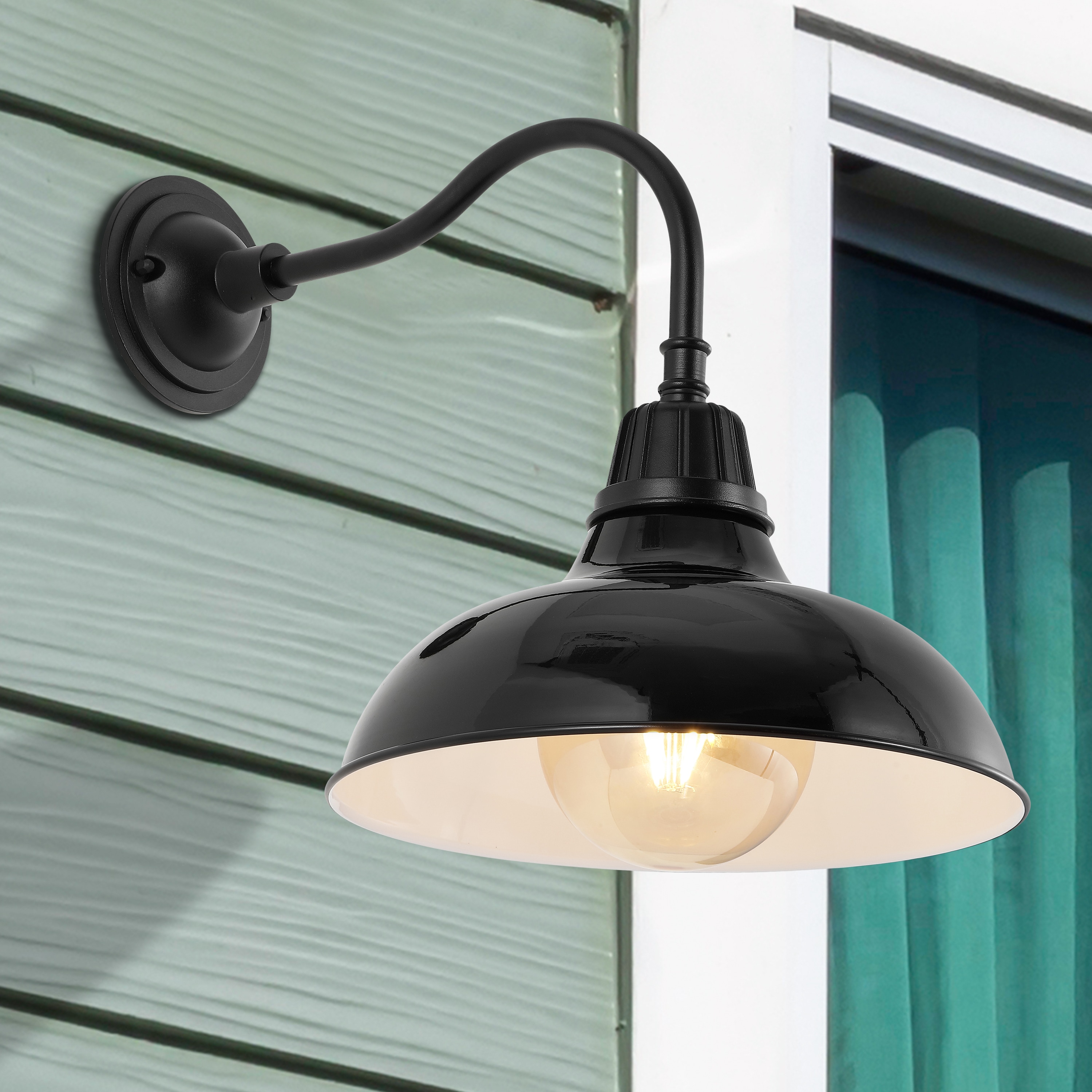 JONATHAN  Y JYL7613B Aurora Farmhouse Industrial Iron Gooseneck Arm 1 -Light 16.5-in H Polished Black Hardwired Outdoor Wall Light