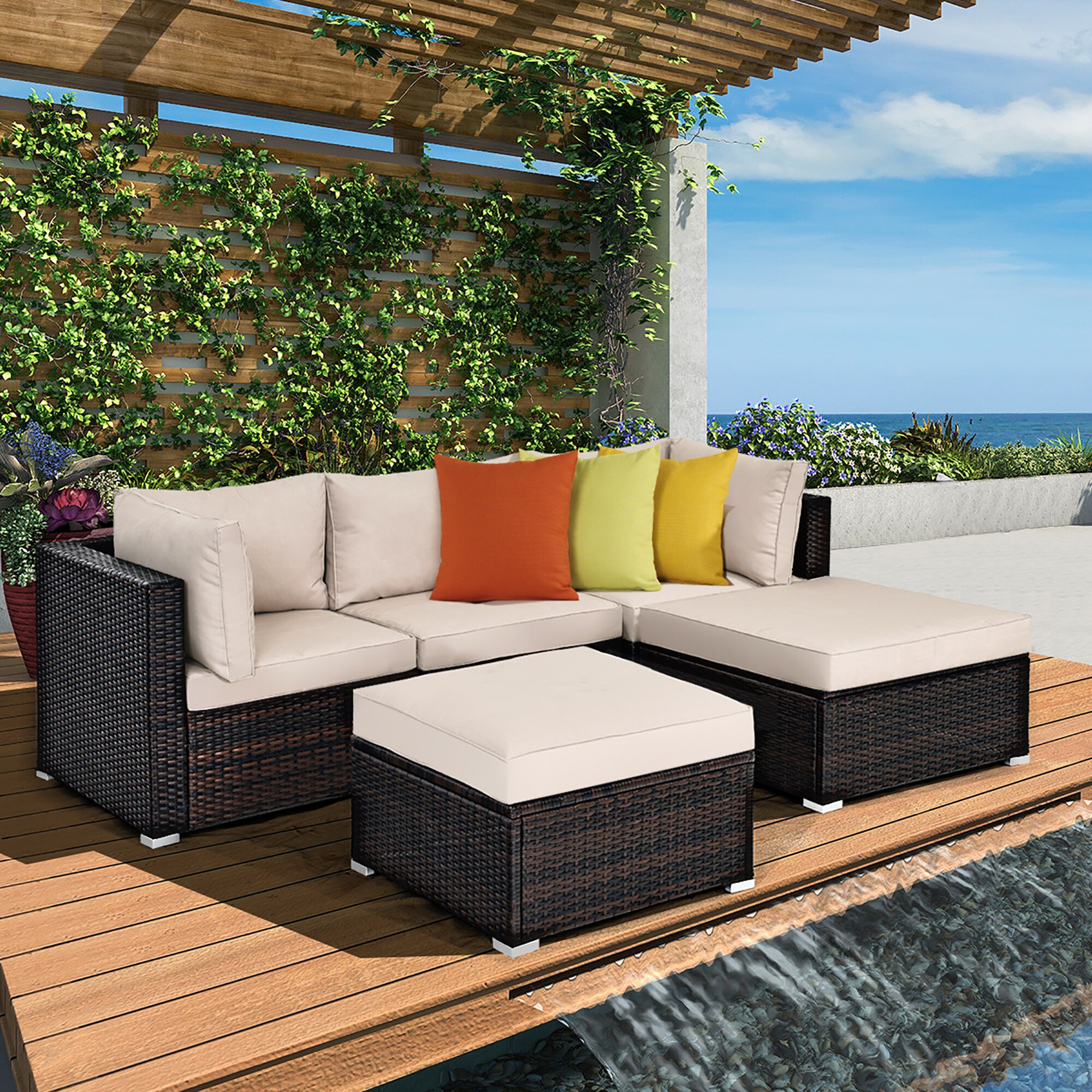 Goplus Sofas Rattan Outdoor Sofa with Off-white Cushion(S) and Steel ...