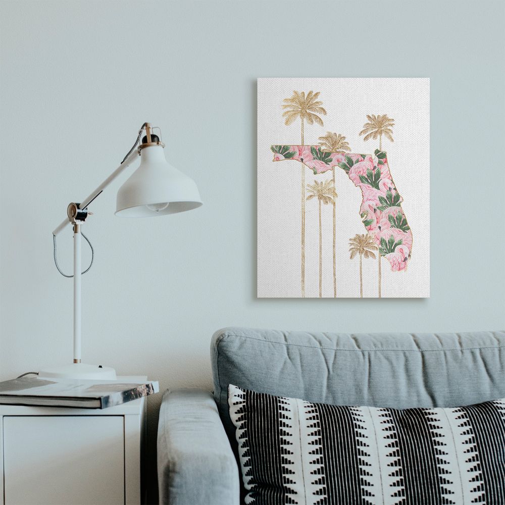 Flamingo and Palm Tree Print on White Canvas for Kids Nursery