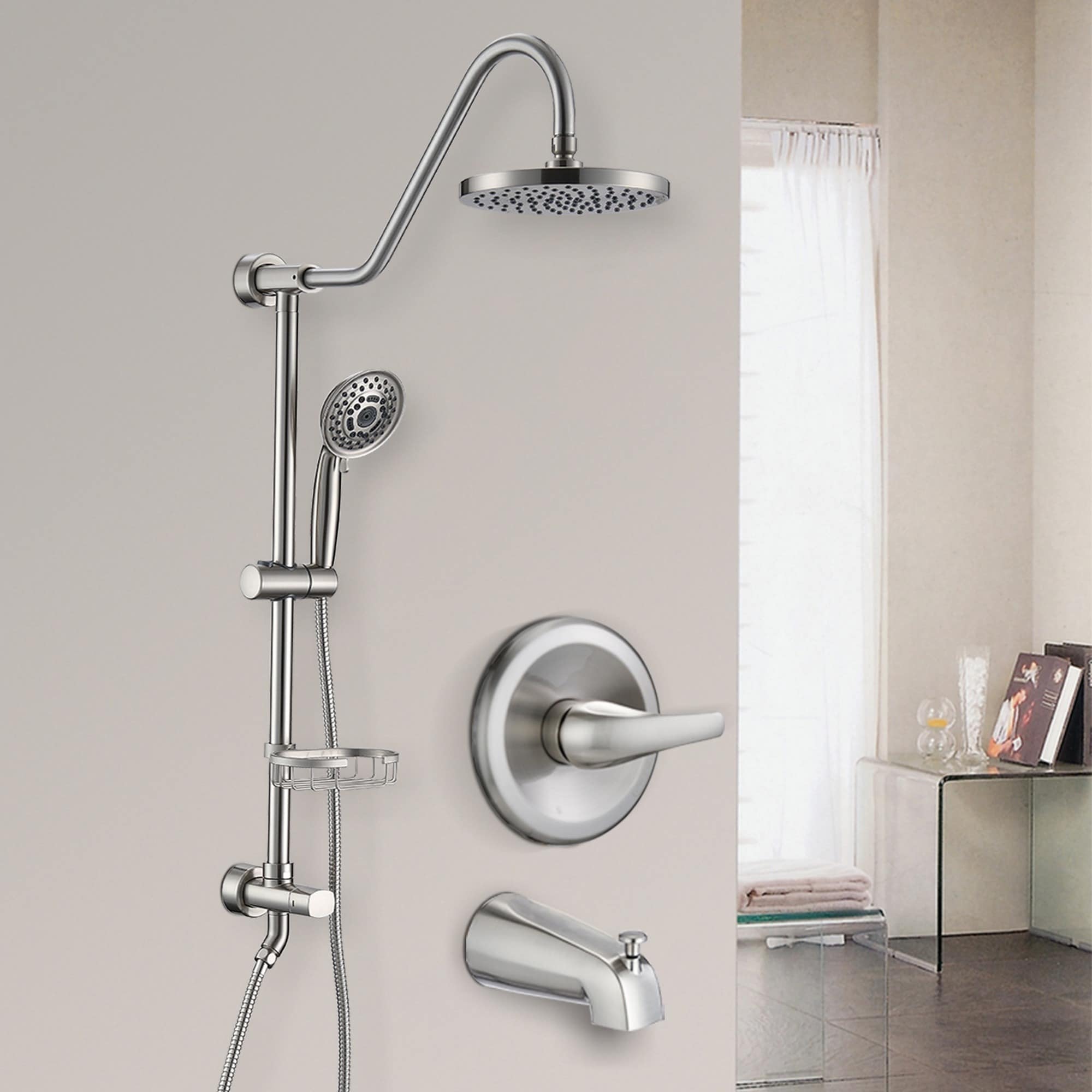 IAK 8 inch Brushed Nickel Stainless Steel Complete Shower System with 8 inch Rain Shower Head and Handheld Shower with Tub Spout and Rough-in Valve Included