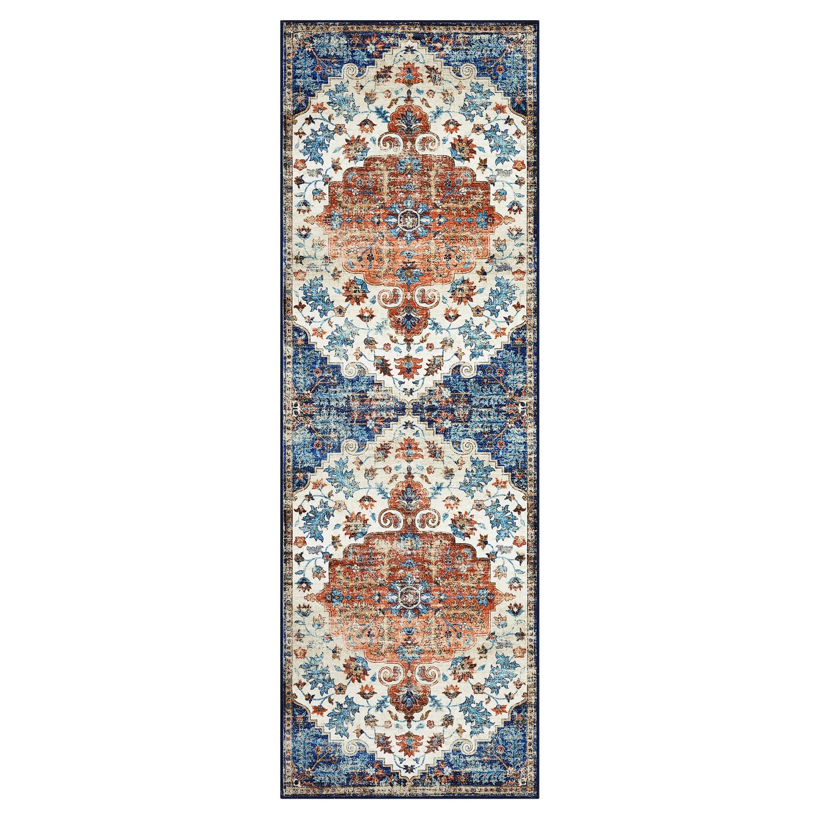 Qeetex LSN-PHO-353MGTV3 2 x 6 ft Polyester Cashmere Imitation Orange Rectangular Hallway Bathroom Entryway Kitchen Office Foldable Flower Printed Persian Washable Area Rug