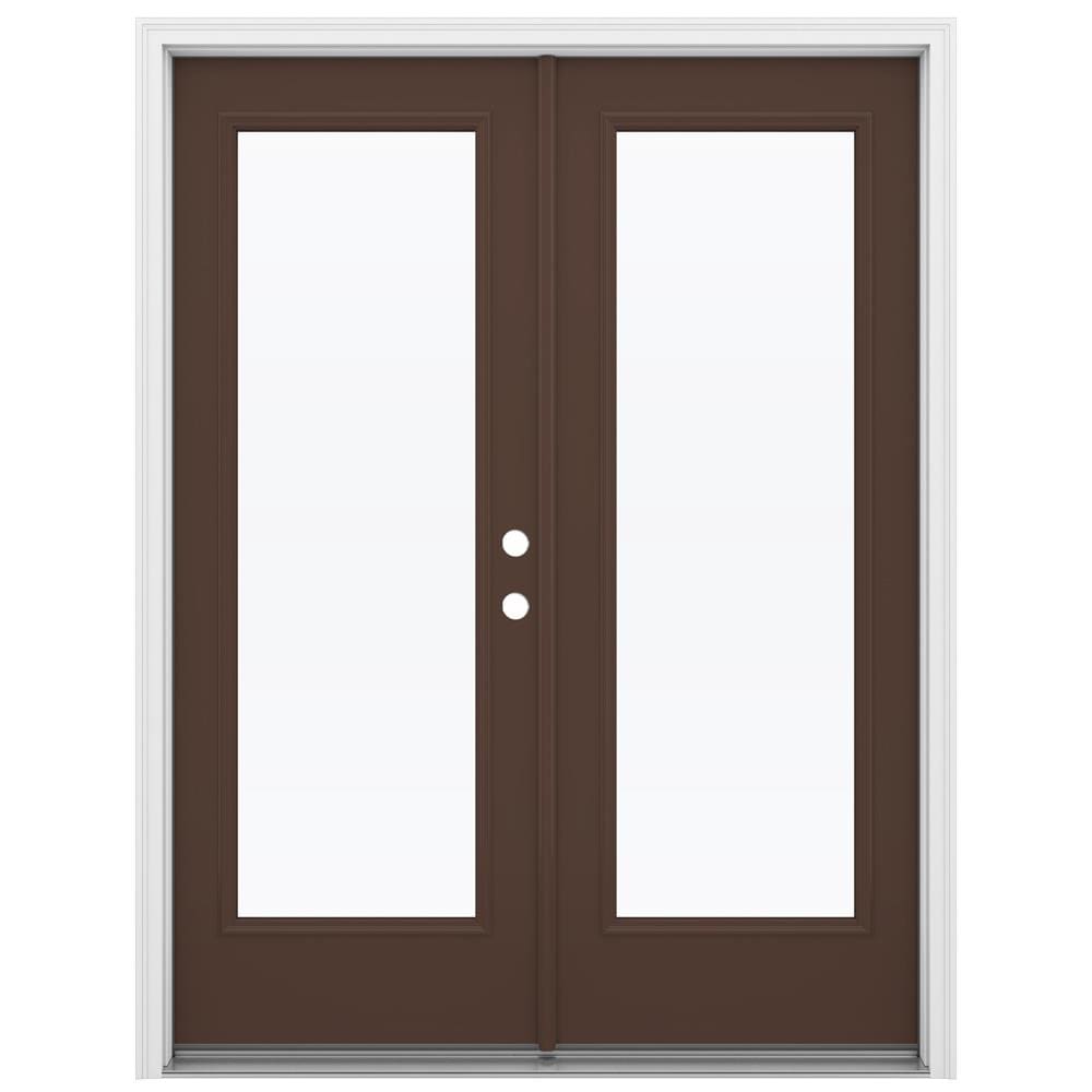 JELD-WEN LOWOLJW205900007 French 60-in x 80-in x 4-9/16-in Jamb Low-E Clear glass , Dark Chocolate Steel Left-hand inswing French Double Patio Door Brickmould Included