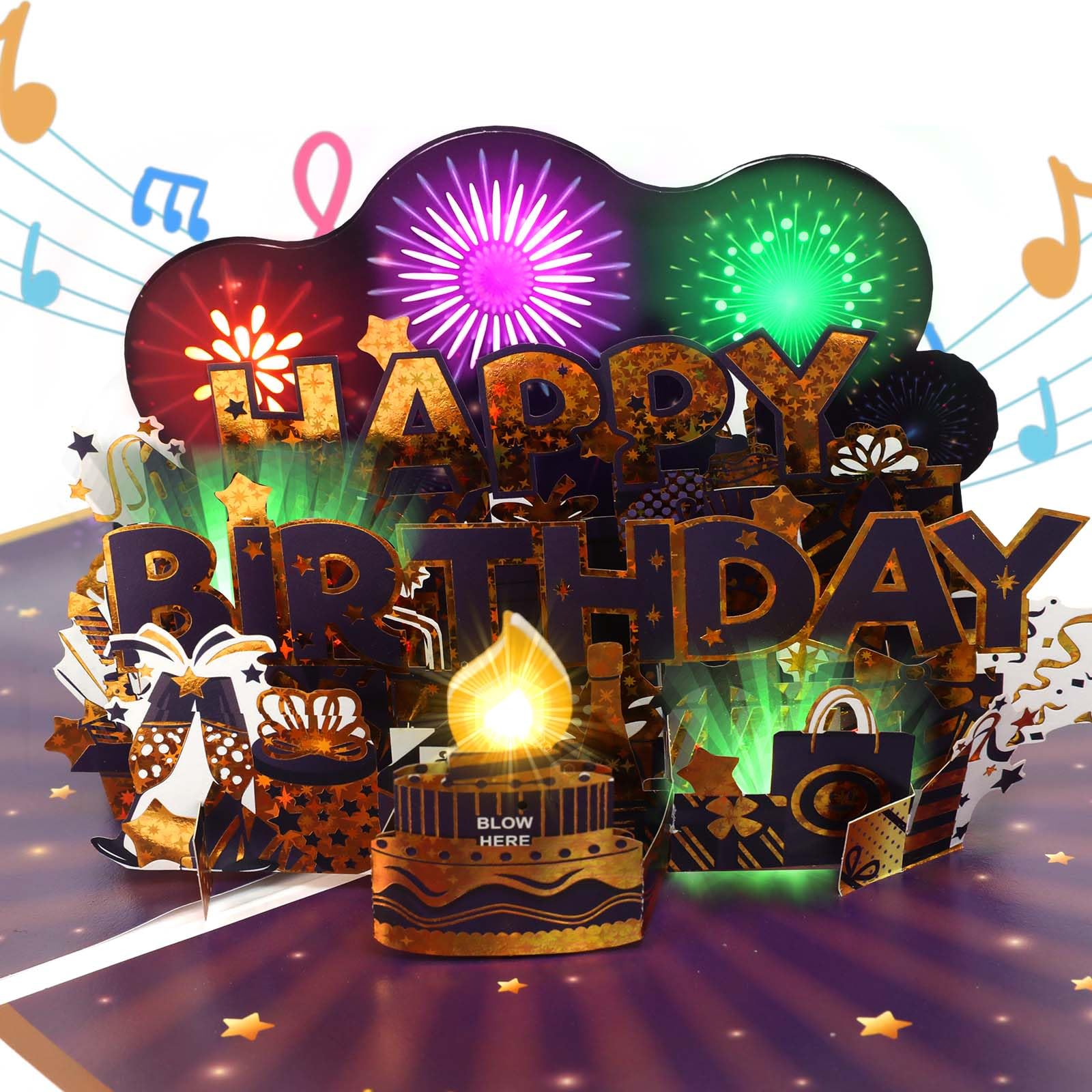 ITOPFOX  Musical Birthday Card with Firework Lights 3D Pop Up Blowable Candle Happy Birthday Card for Men Women Kids Boys Girls Husband Grandson