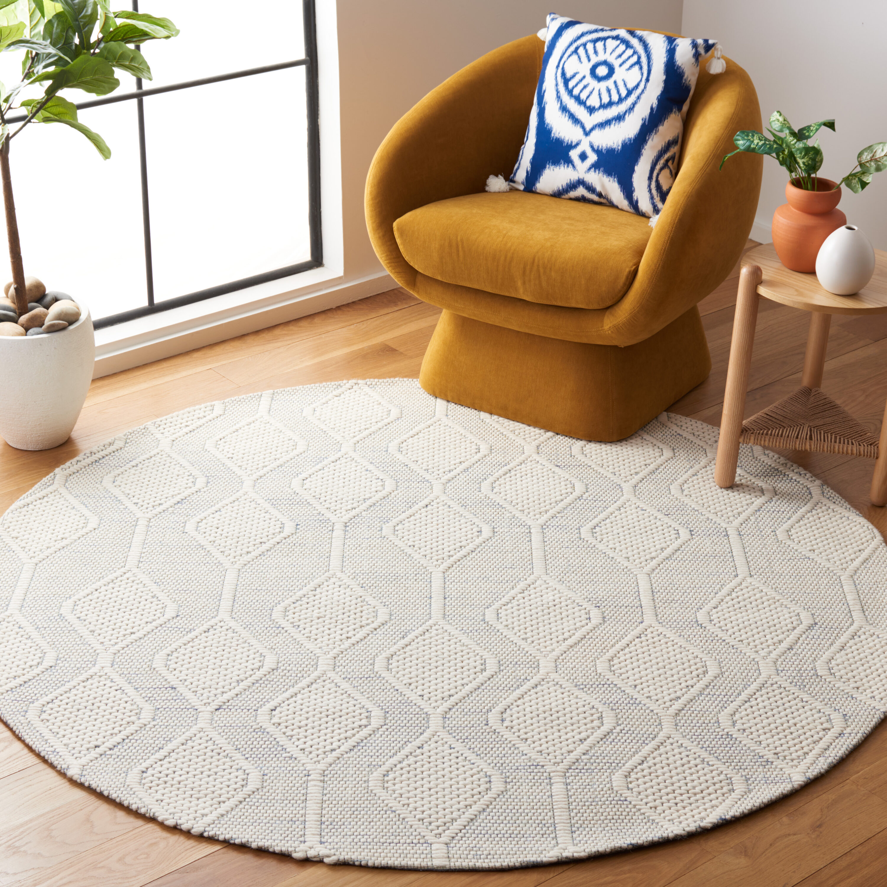  Marbella 428 Ivory/Blue Contemporary 6ft x 6ft Round Rug