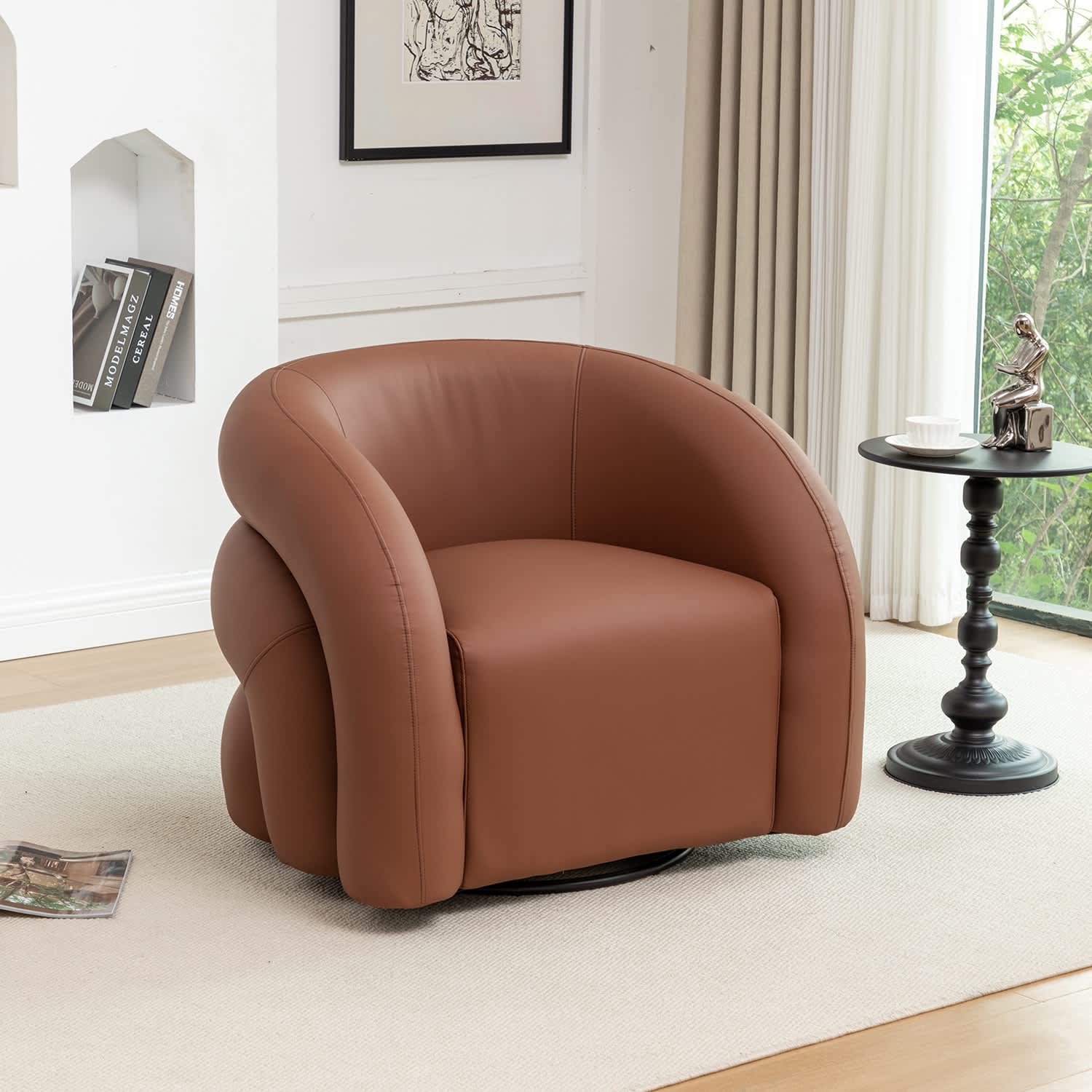 SEYNAR CE720-BROWN Modern Glam PU Leather 360 Degree Swivel Accent Armchair with Metal Base