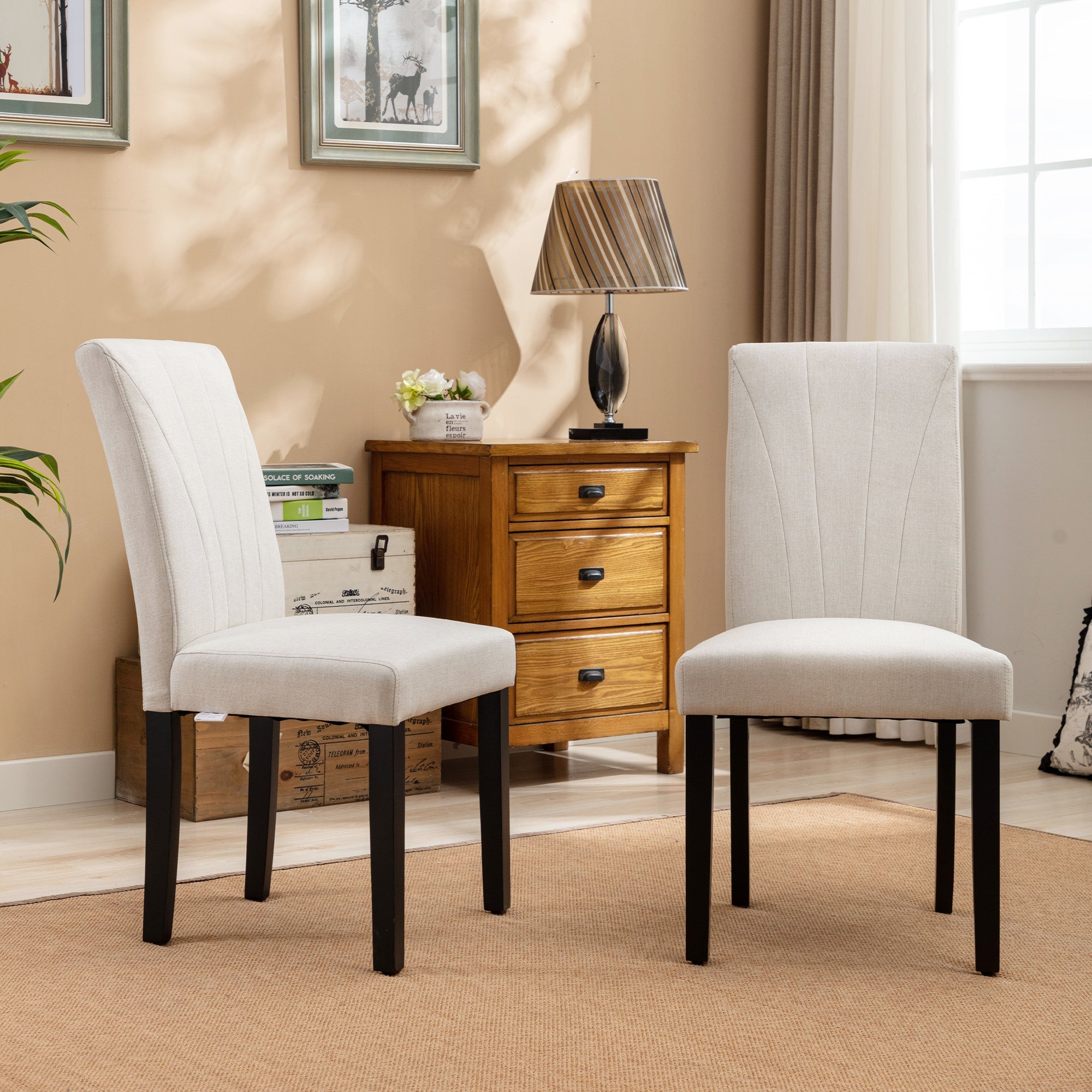Vecelo LOE-DC02-TAN-2P Upholstered Parsons Chair Dining Chair with High Back Side Chairs Set of 2