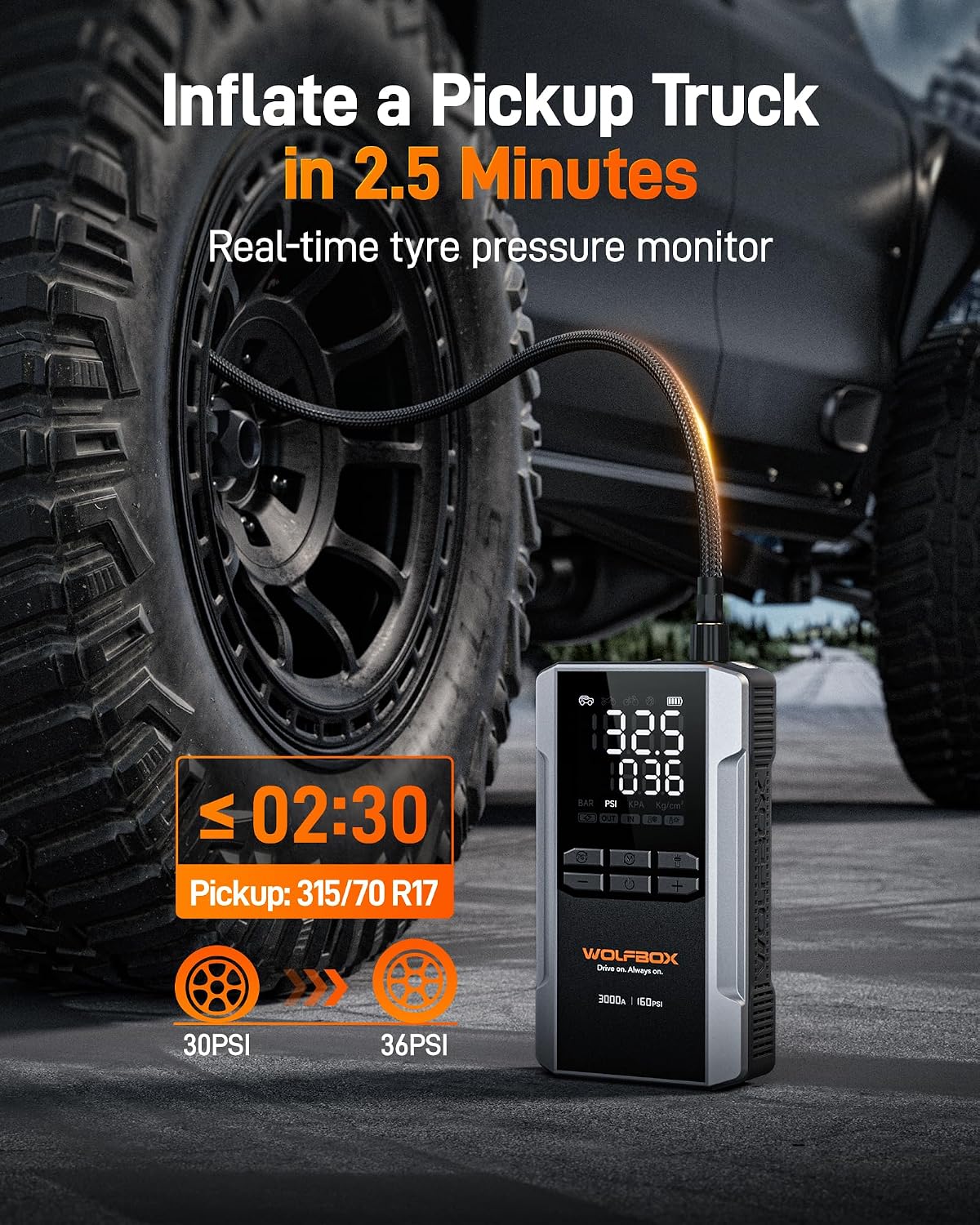 WOLFBOX 3000A Jump Starter with Air Compressor 592Wh and 160PSI