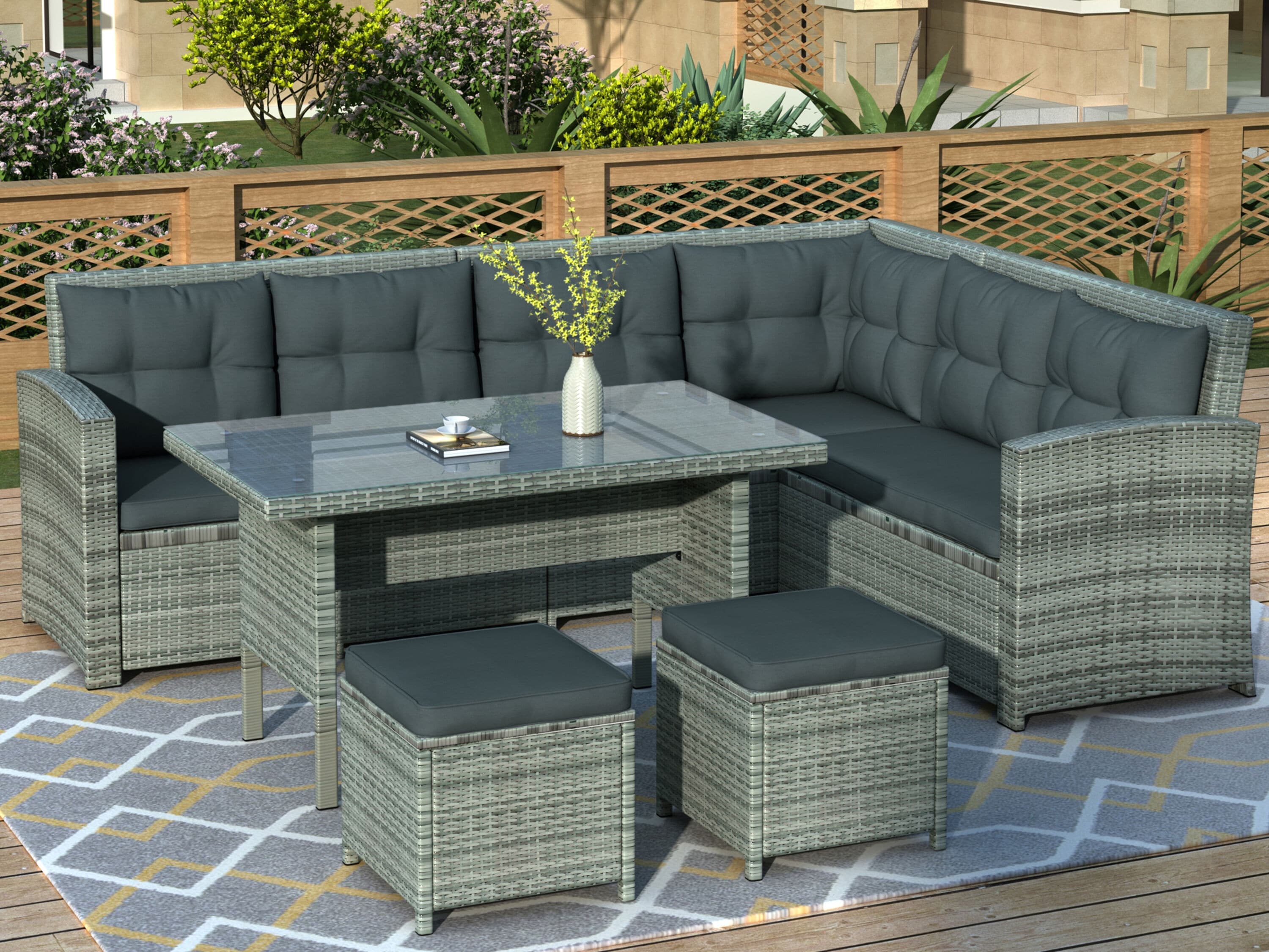 Afoxsos LSSA11OT040 6-Piece Wicker Patio Conversation Set with Gray Cushions