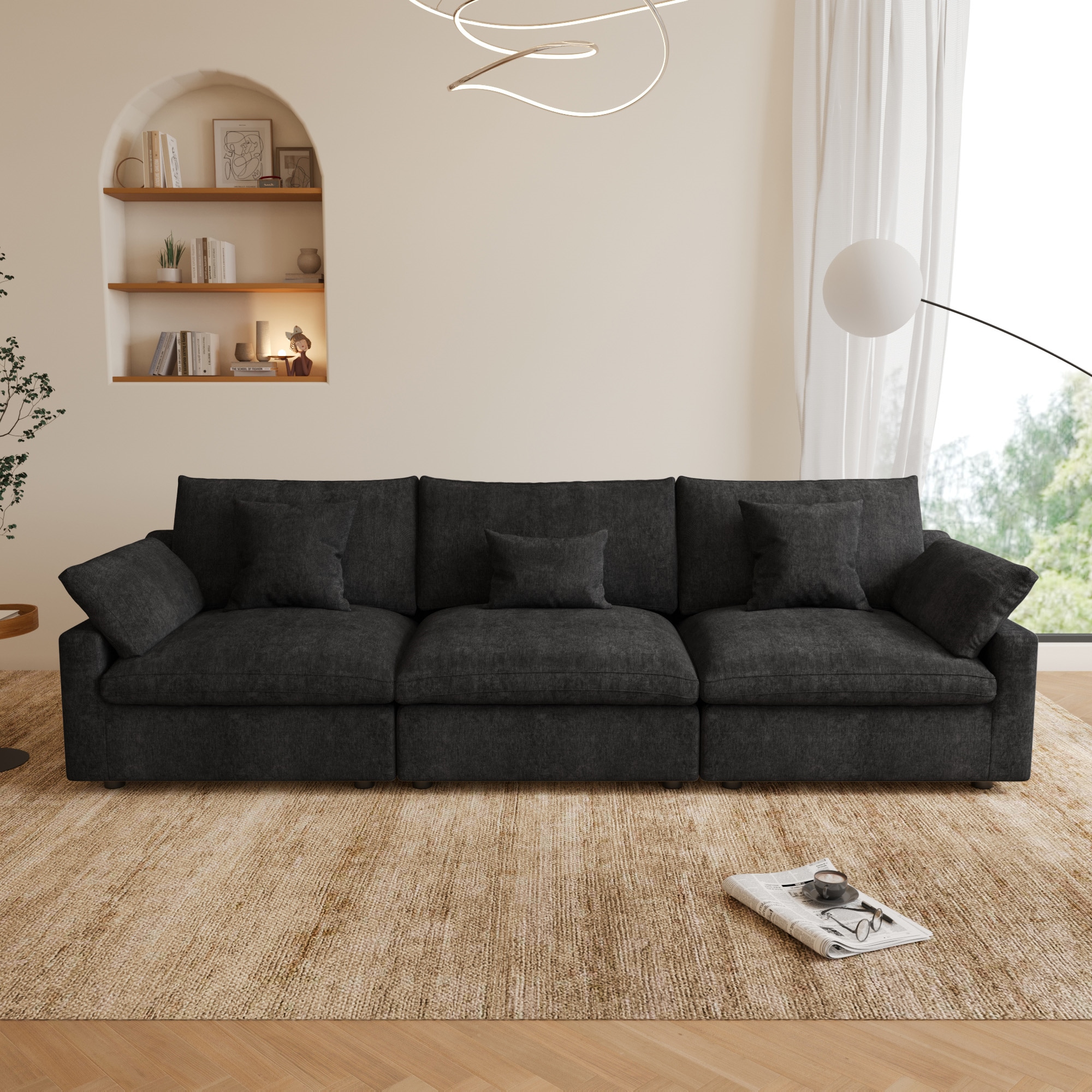 BuotiqHom DH-S3-140BK 119-in Modern Black Linen 3 -seater Sectional