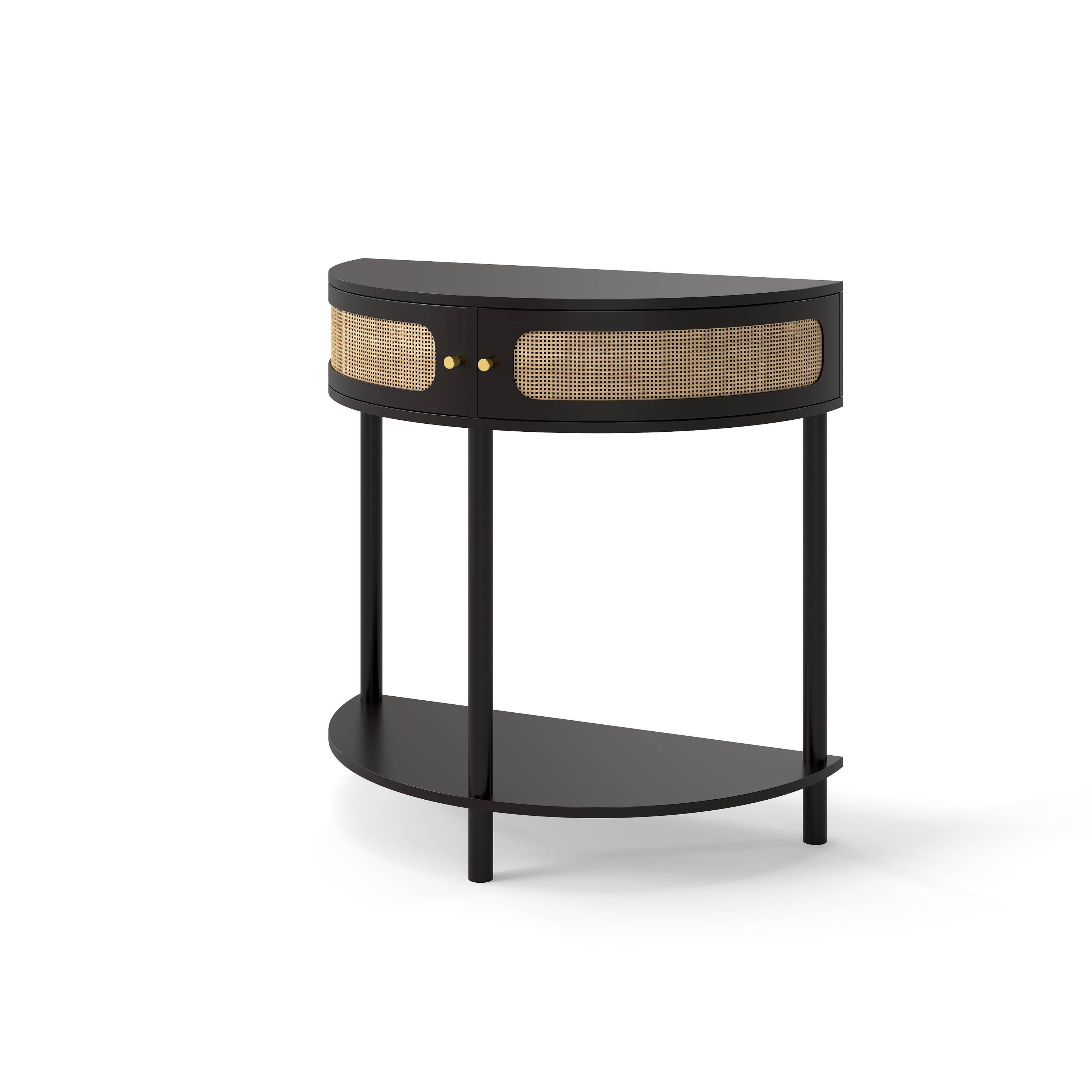 Vynxaria  Unique Half Moon Design End Table with Sliding Rattan Door Elegant Semi circle Entryway Console Table Black