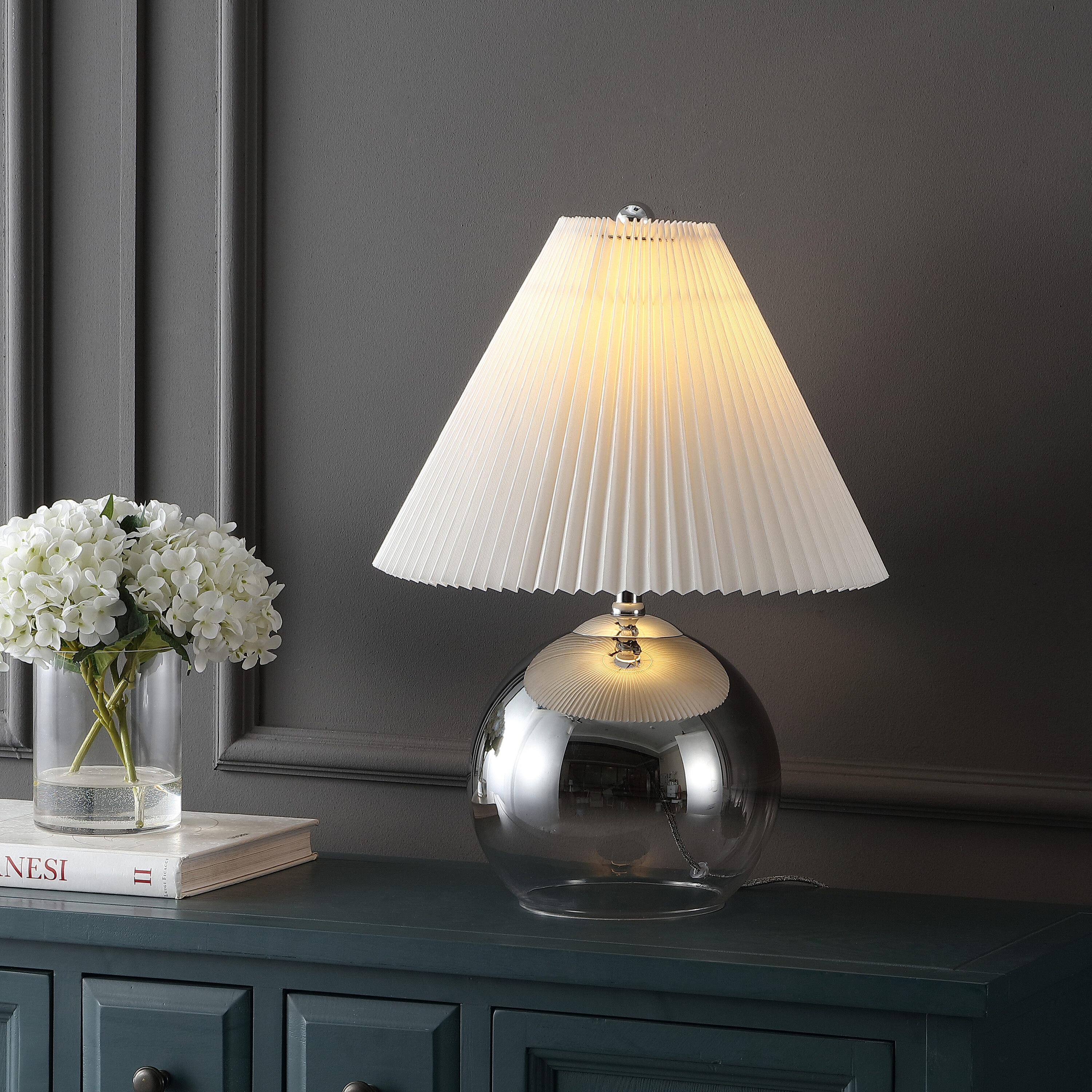 JONATHAN  Y JYL1139A Louisa Round Glass/Iron Mid-Century Modern 22.5-in Smoke Gradient/Chrome LED Rotary socket Table Lamp with Cotton Shade