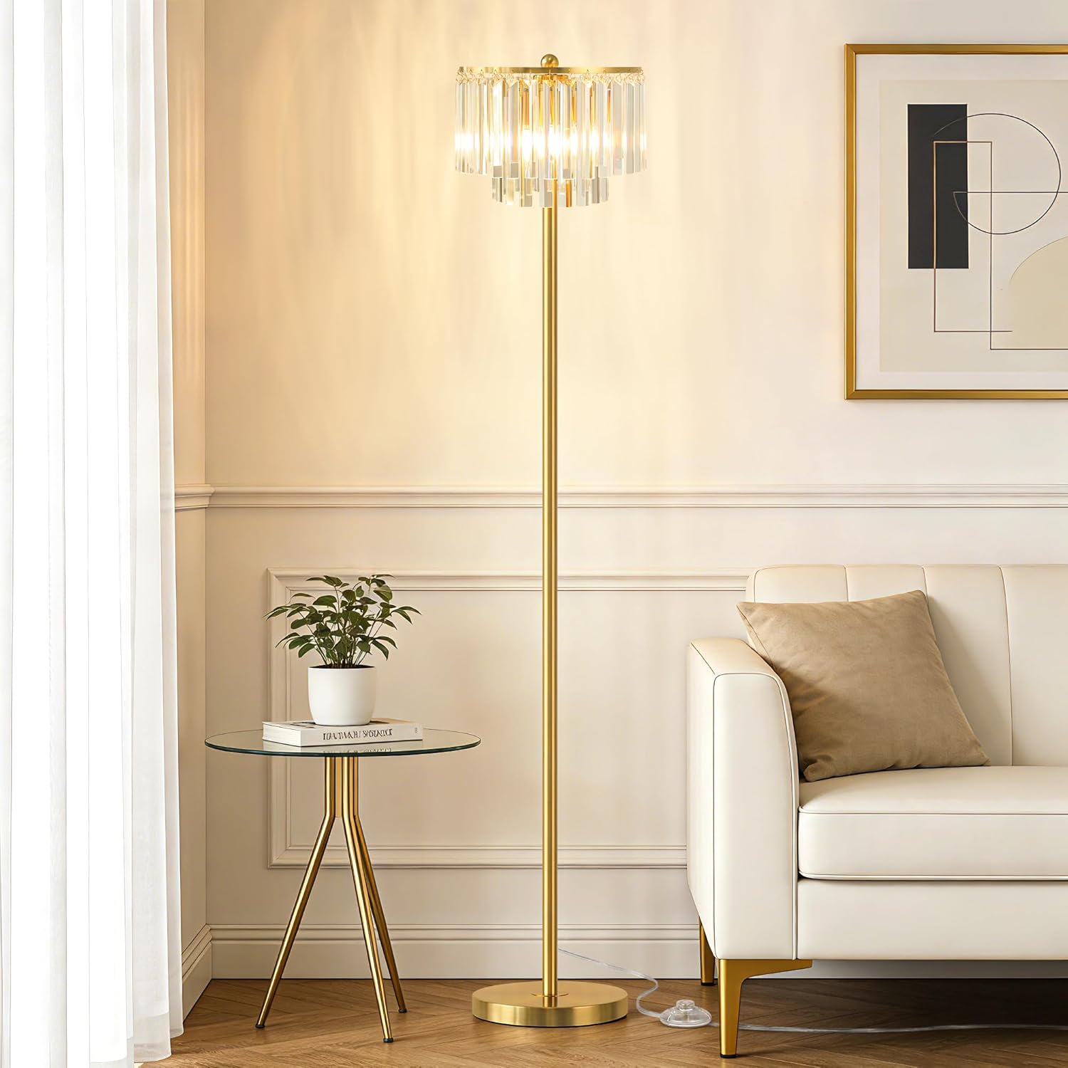 Cinoton Floor Lamps for Living Room Gold Floor Lamp with On or Off Foot Switch Standing Lamp with Double Layer Crystal Bars Lampshade Tall Floor Lamps for Bedroom Corner Office