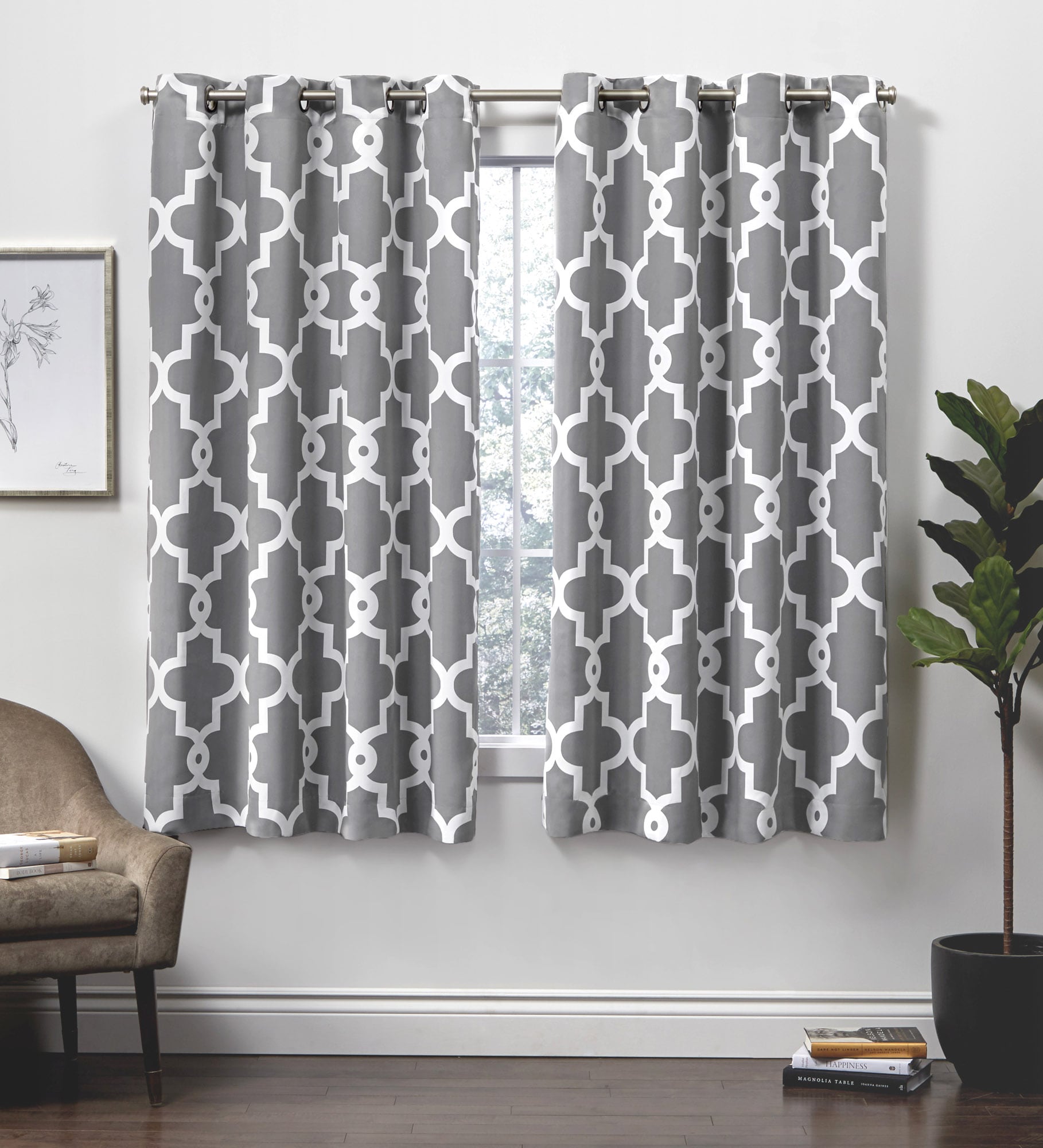 Black Pearl and White Geometric Blackout Grommet Curtain Panels