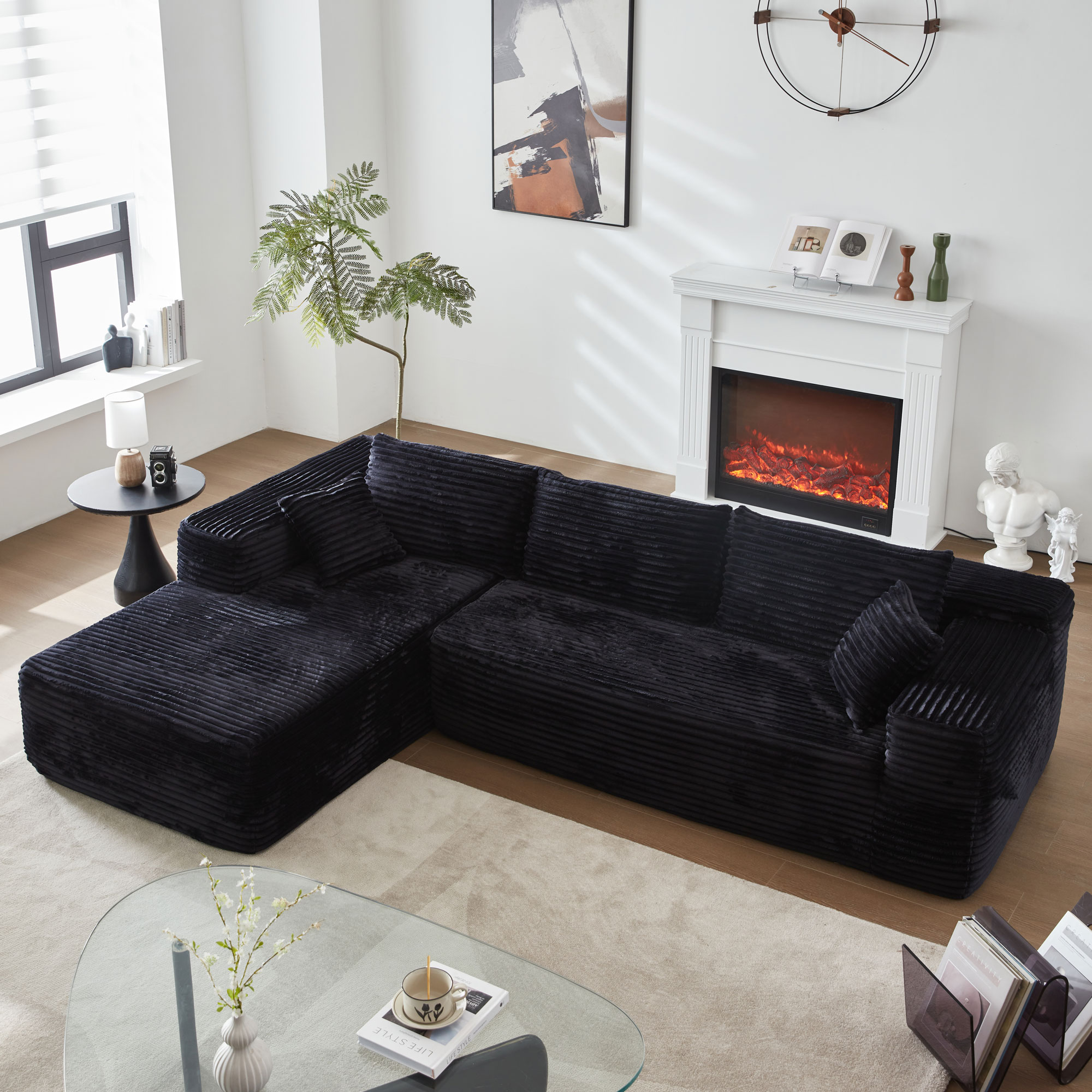 Ovios OVIVIL430 104.3-in Casual Black(Plush Corduroy)-Left Chaise Sectional