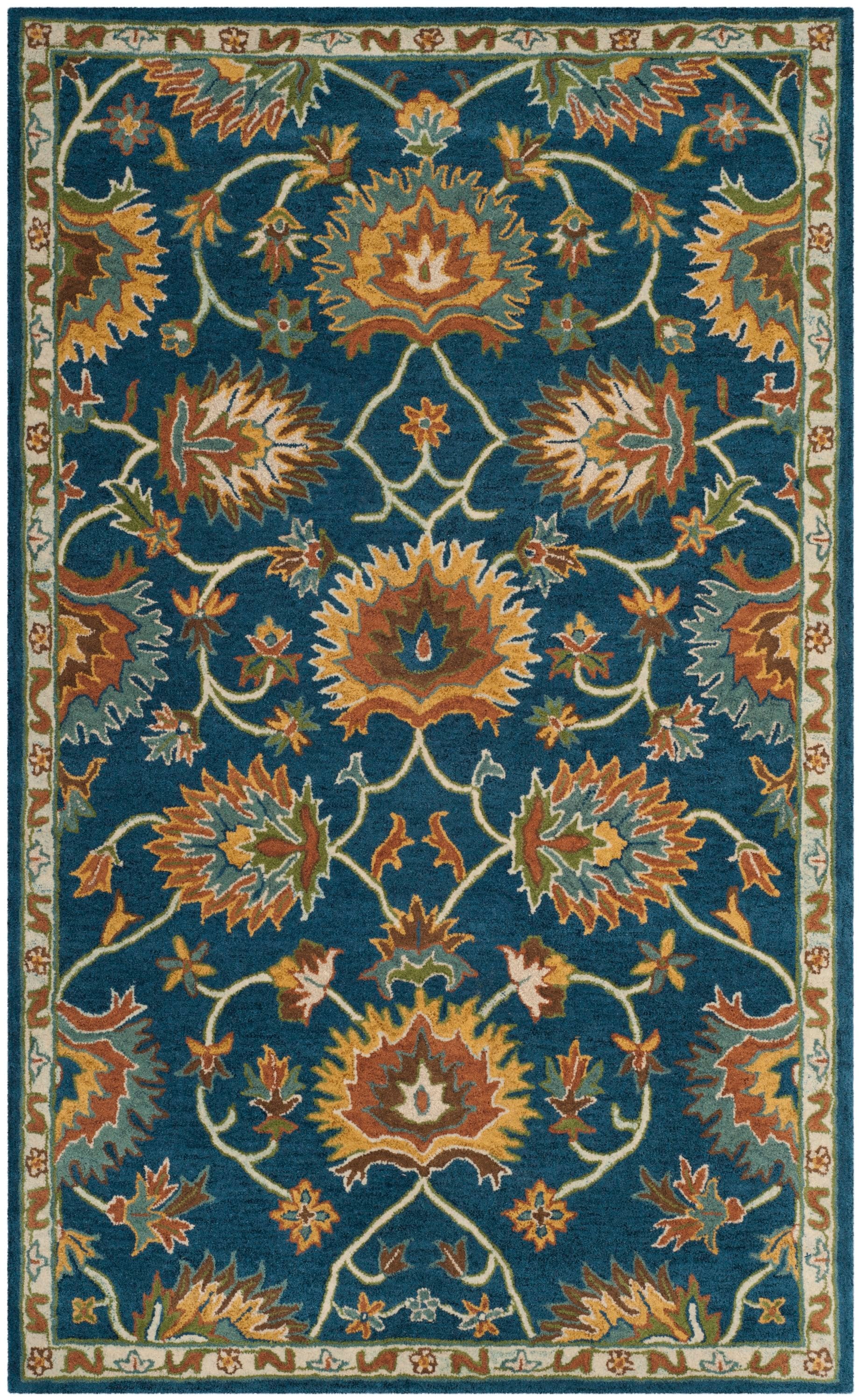 Navy Blue Hand-Tufted Wool Floral Area Rug 5' x 8'