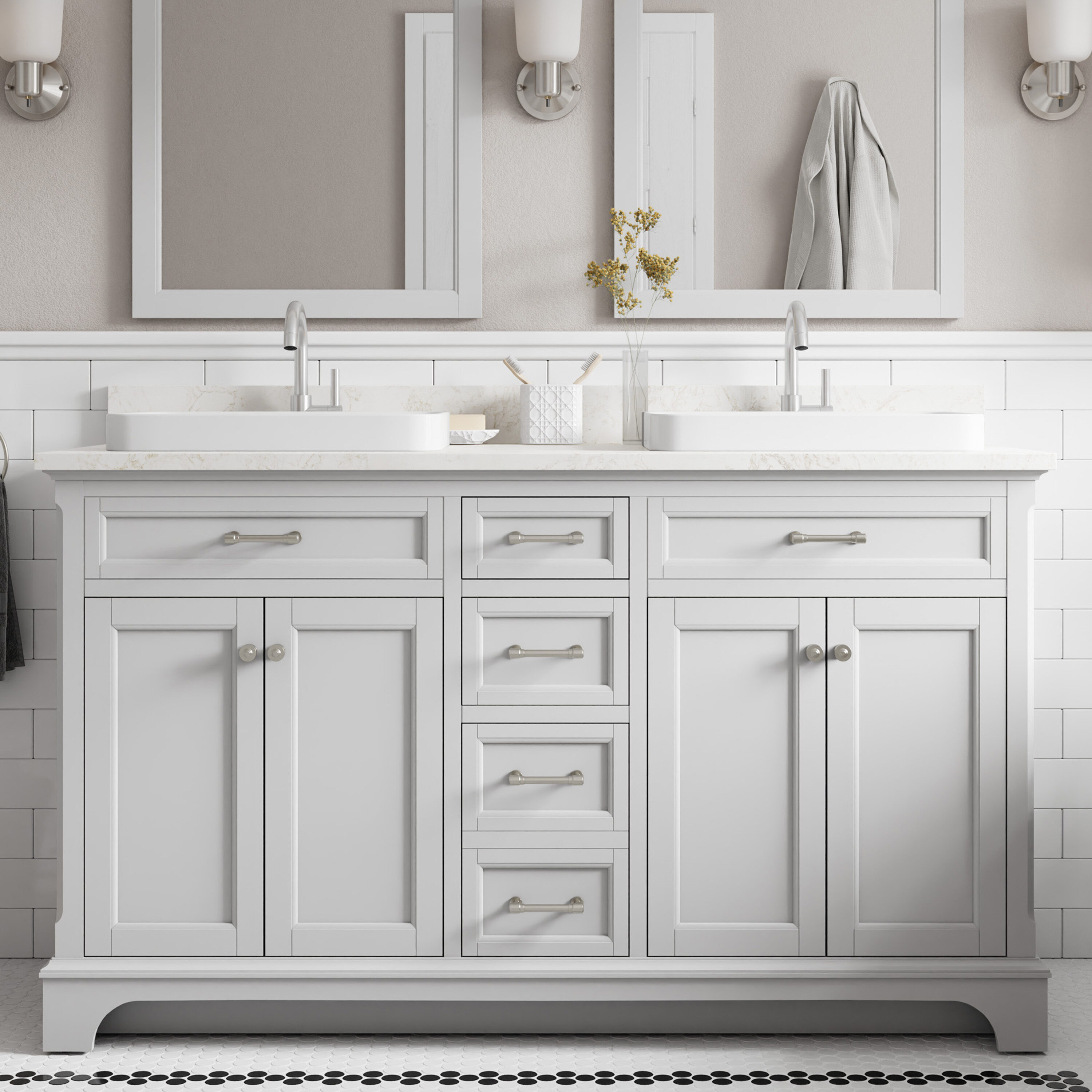 Roveland 60-in Light Gray Semi-recessed Double Sink Bathroom Vanity with Calacatta Engineered Marble Top | - allen + roth 2026VA-60-242-926-SR
