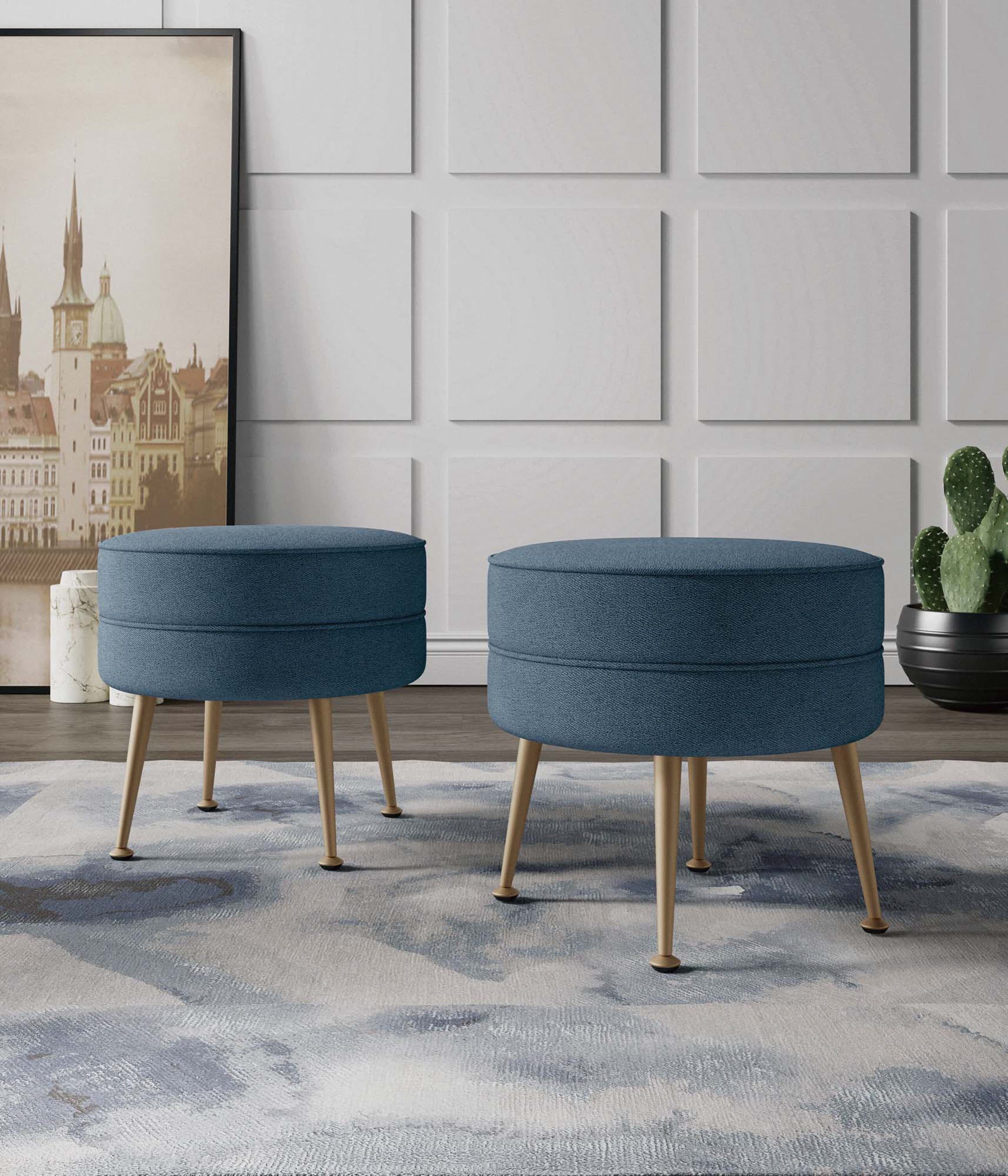 Manhattan Comfort 2-OT003-BL Midcentury Blue/Gold Round Ottoman