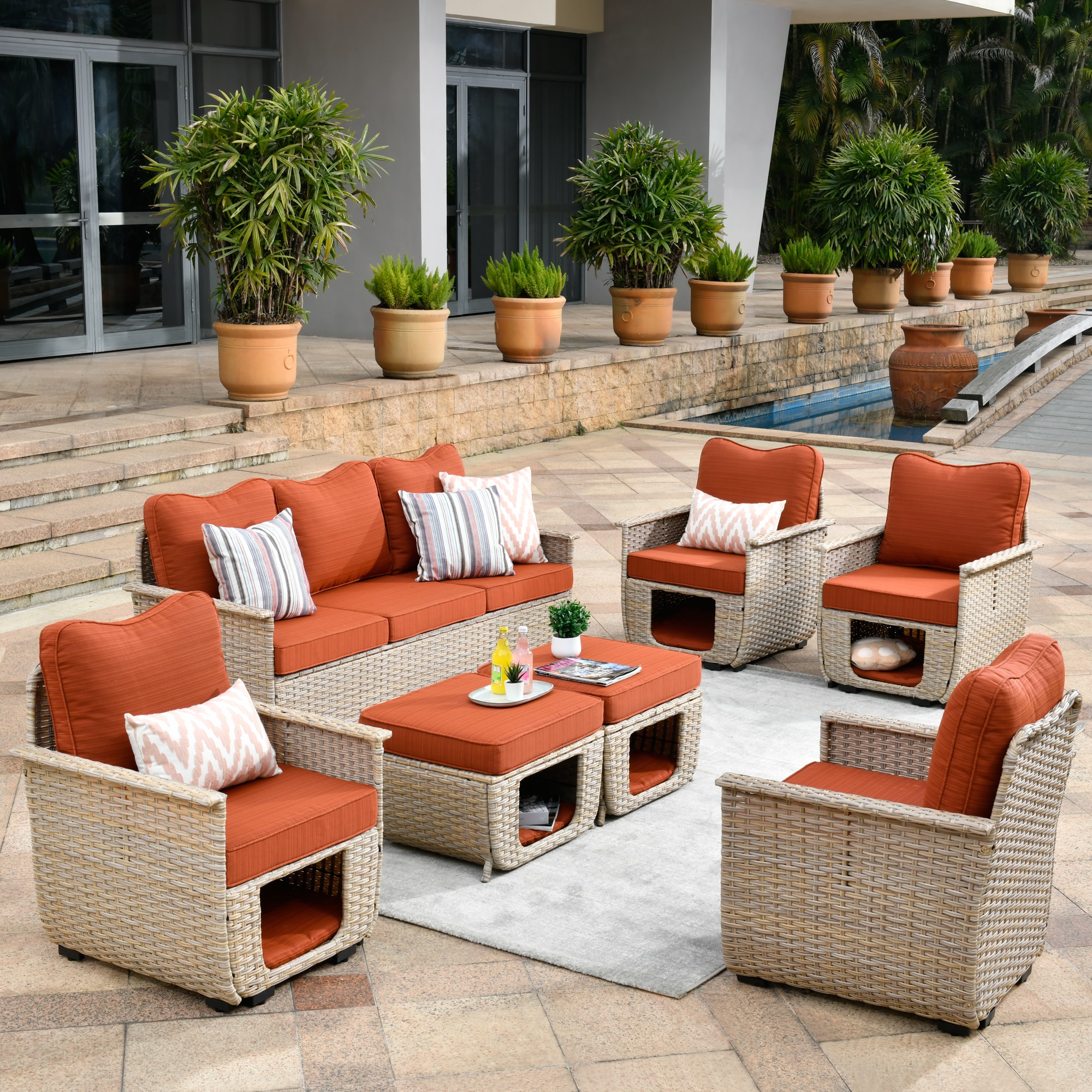 Pouuin 7 Piece Outdoor Rattan Patio Conversation set with Orange