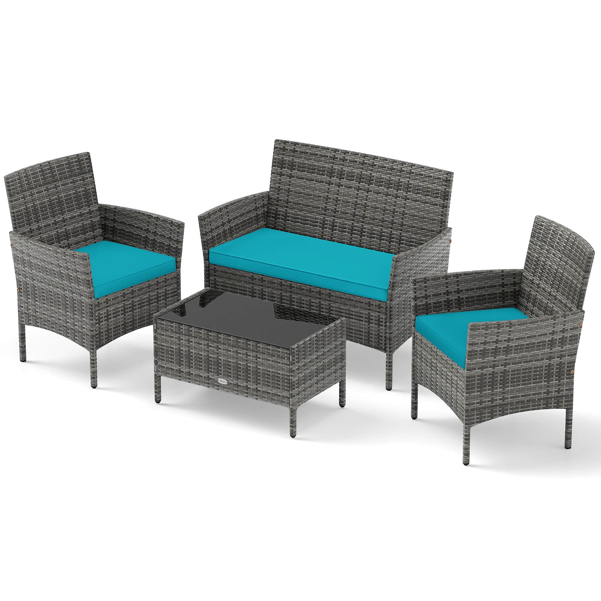 4 -Piece Rattan Patio Conversation Set with Blue Cushions