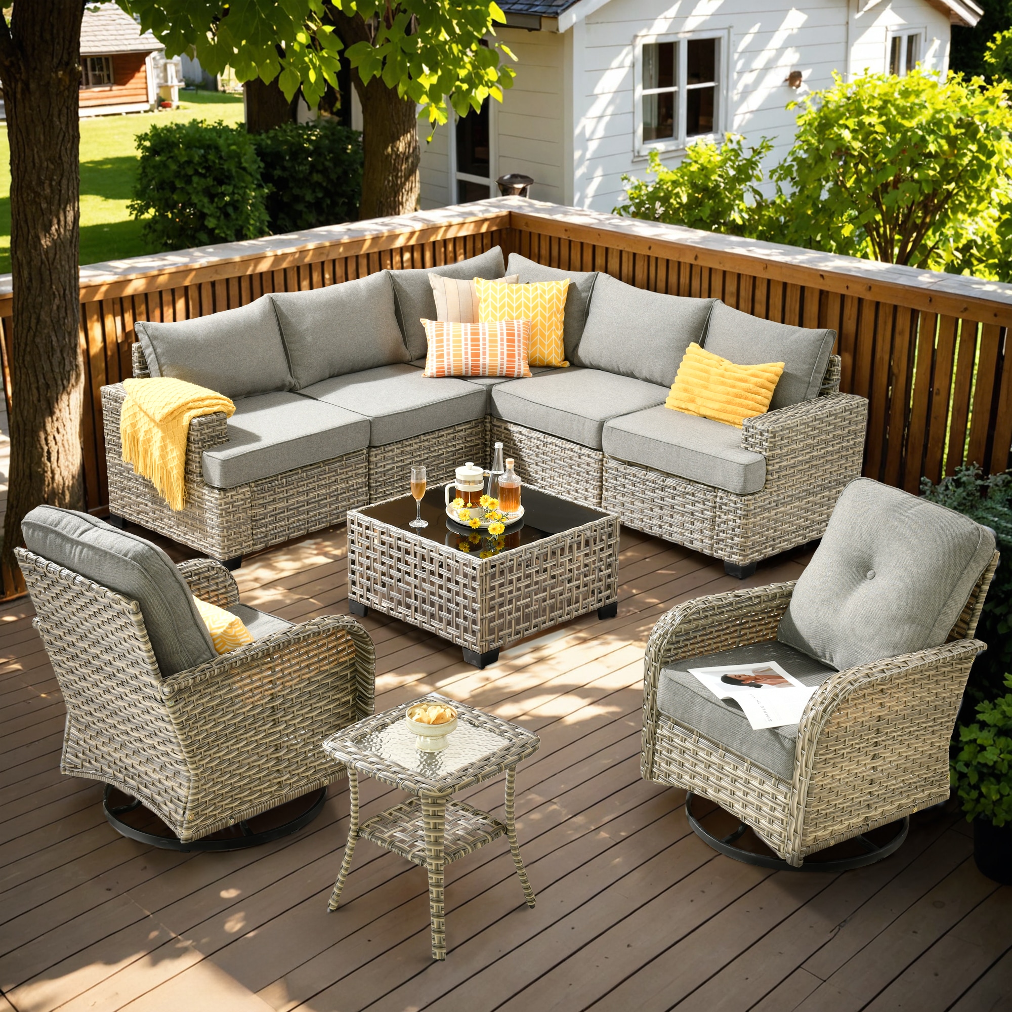 Ovios TS209TYV 9 -Piece Wicker Patio Conversation Set with Dark Gray Cushions