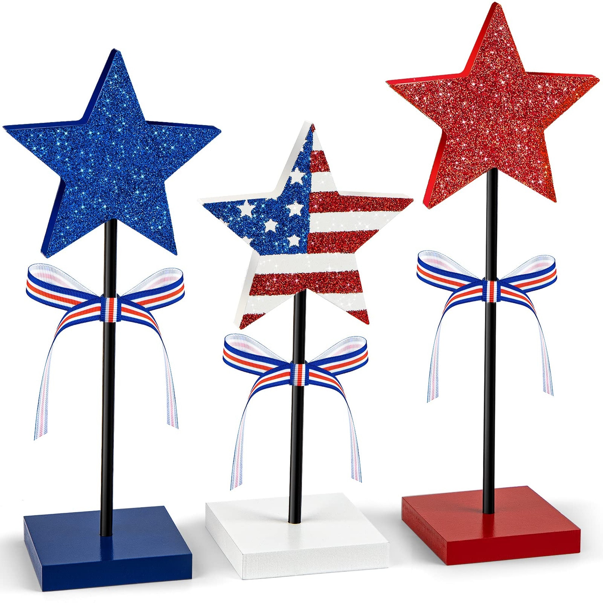 Wudkey 8.3in 9.4in 11in H 3-Piece Wood Red White Blue Star Set Patriotic Table Decoration