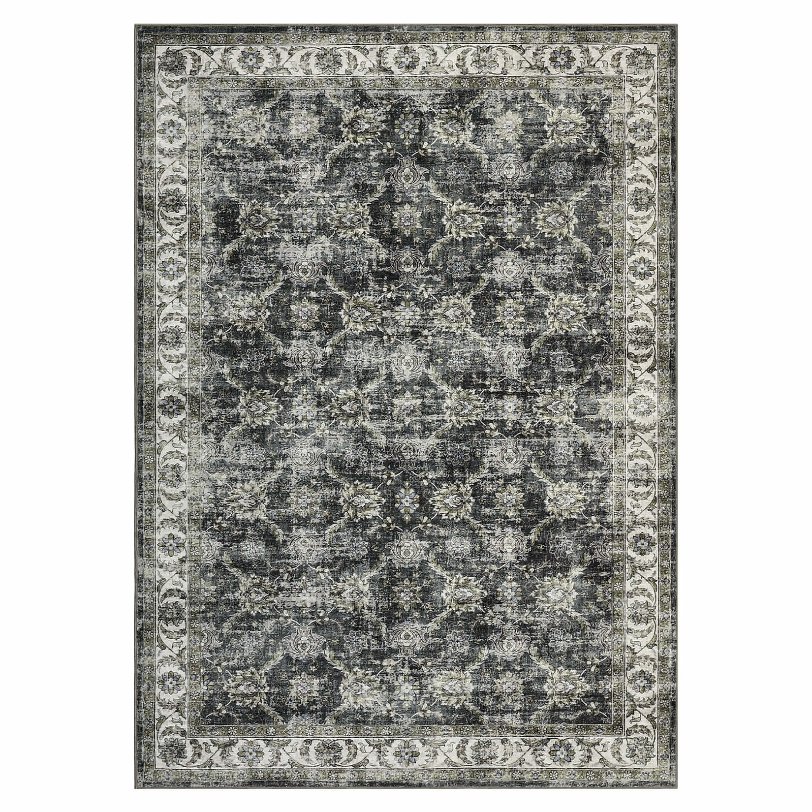 Qeetex LSN-PHO-34PVWNAT 9 x 12 ft Polyester Cashmere Imitation Gray Rectangular Hallway Bathroom Entryway Kitchen Office Foldable Flower Printed Persian Washable Area Rug