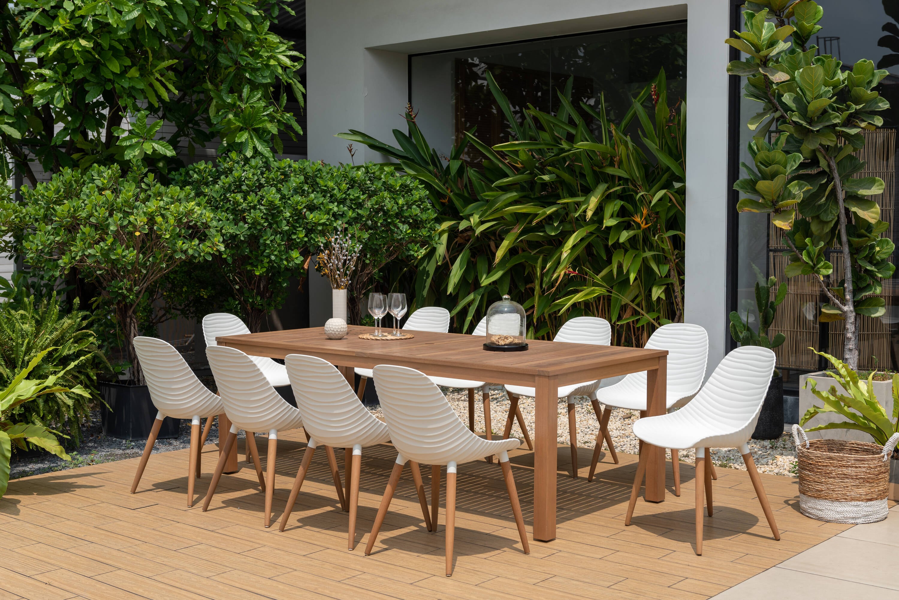 Amazonia ALALOT10STRMSDWT Outdoor Patio 11 -Piece Wood Patio Dining Set Wood Oval Table with 10 Stationary and Motion Chairs