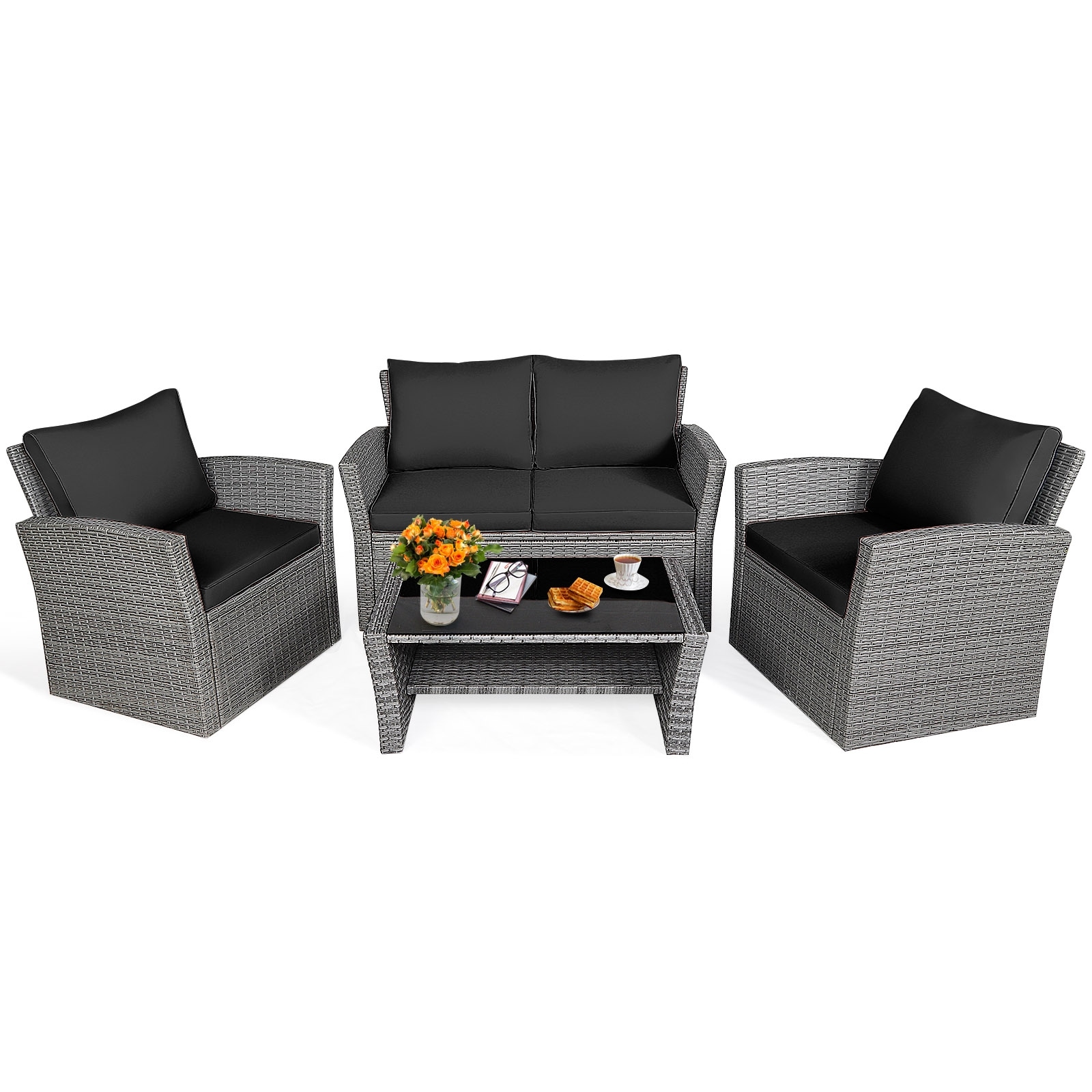 Forclover CKT-175018 Patio Conversation Sets 4 -Piece Rattan Patio Conversation Set with Black Cushions