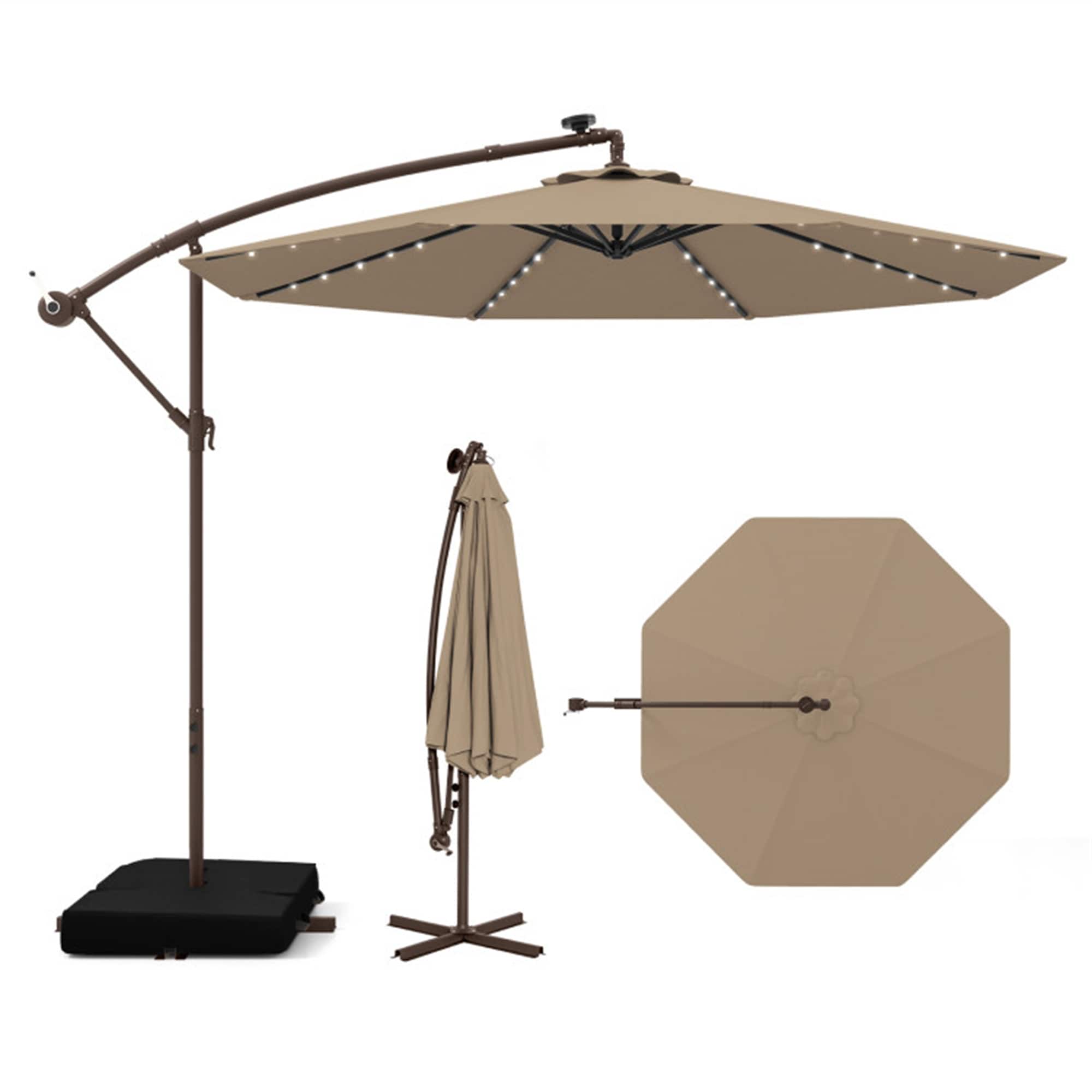 BABOOM BOM-1133CF-CO 10-ft Steel Tan Crank Offset Patio Umbrella with Lights with Base