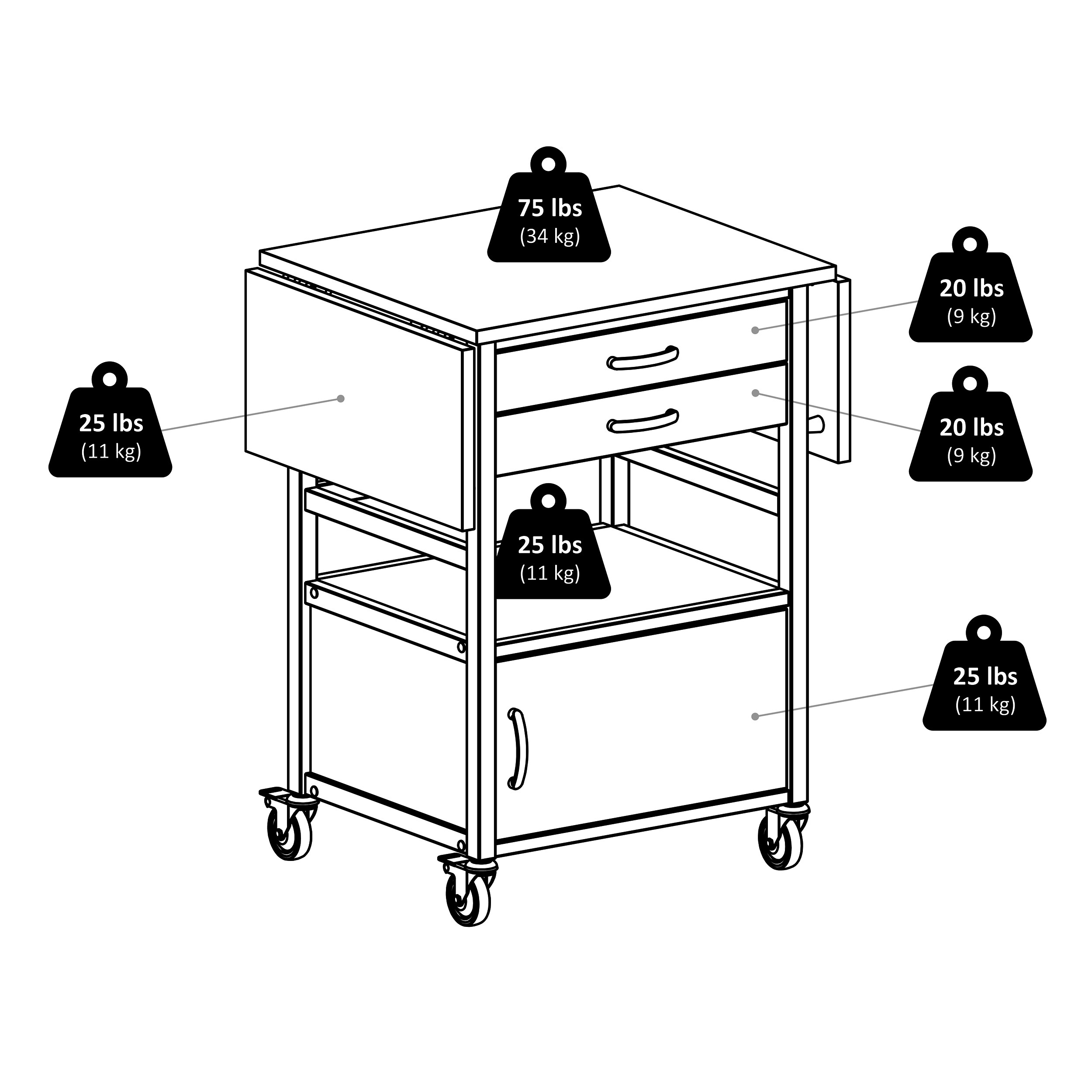 Light Wood and Black Drop Leaf Kitchen Cart with Storage