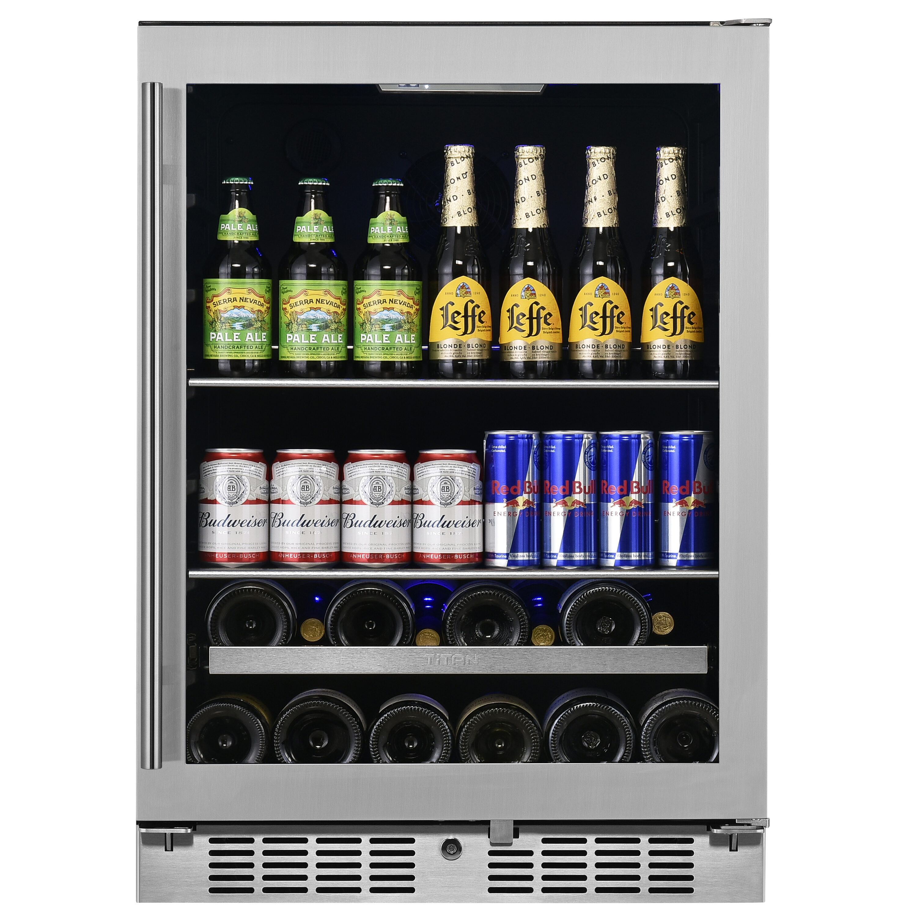 Titan TT-BW248413SZ 23.82-Inches W 84 -Can Capacity stainless steel Built-in/Freestanding Indoor Beverage Refrigerator with Glass Door